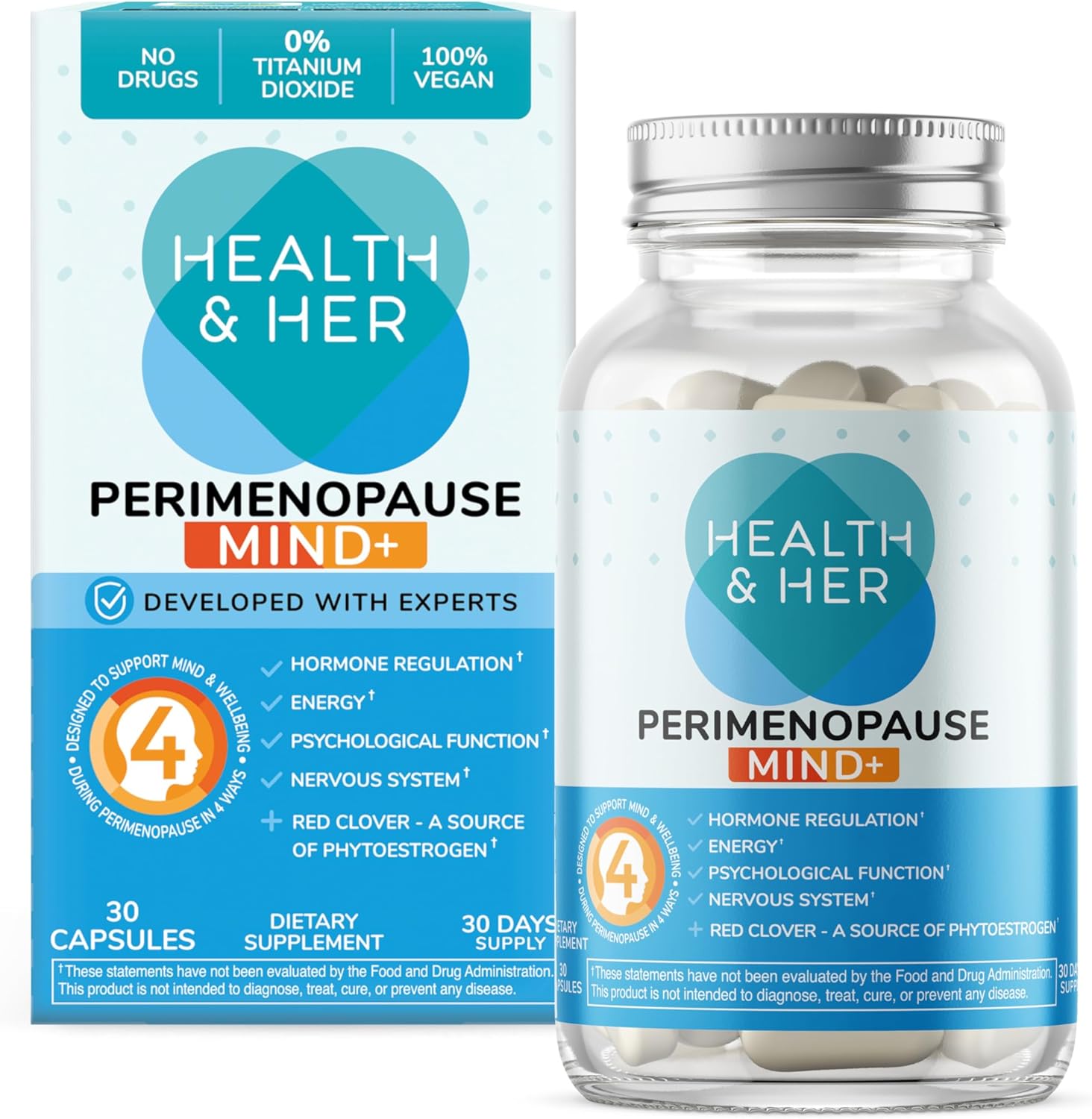 Health & Her Perimenopause Mind+-supplementen voor vrouwen – met rode klaver, ashwagandha, gingko biloba – 1 maand voorraad, 30 capsules – veganistisch en glutenvrij