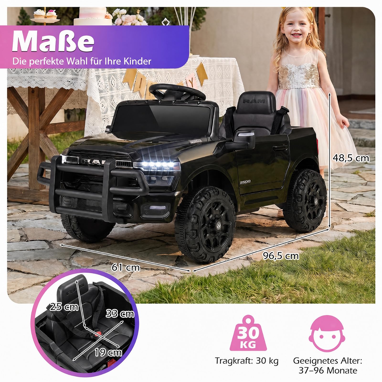 COSTWAY 12V Kinder Elektroauto, Kinderauto RAM für ab 3 Jahren (Schwarz) | Mit 2,4G-Fernbedienung, Musik, Hupe & helle Scheinwerfer, 3-Punkt-Gurt und verriegelbare Türen, bis zu 30 kg belastbar