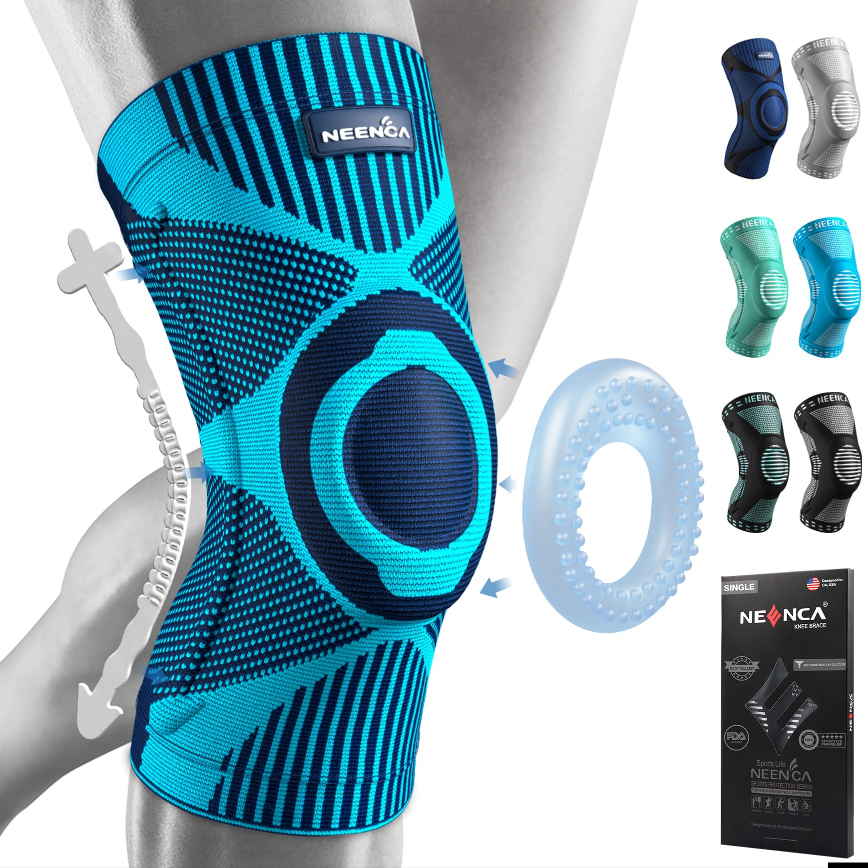 Neenca Knee Support, Compressed Knee Support with Patella Gel Pads & Spring Side Stabilisers, Medical Knee Pads for Running, Meniscus Tear, Arthritis, Joint Pain Relief, ACL, Recovery