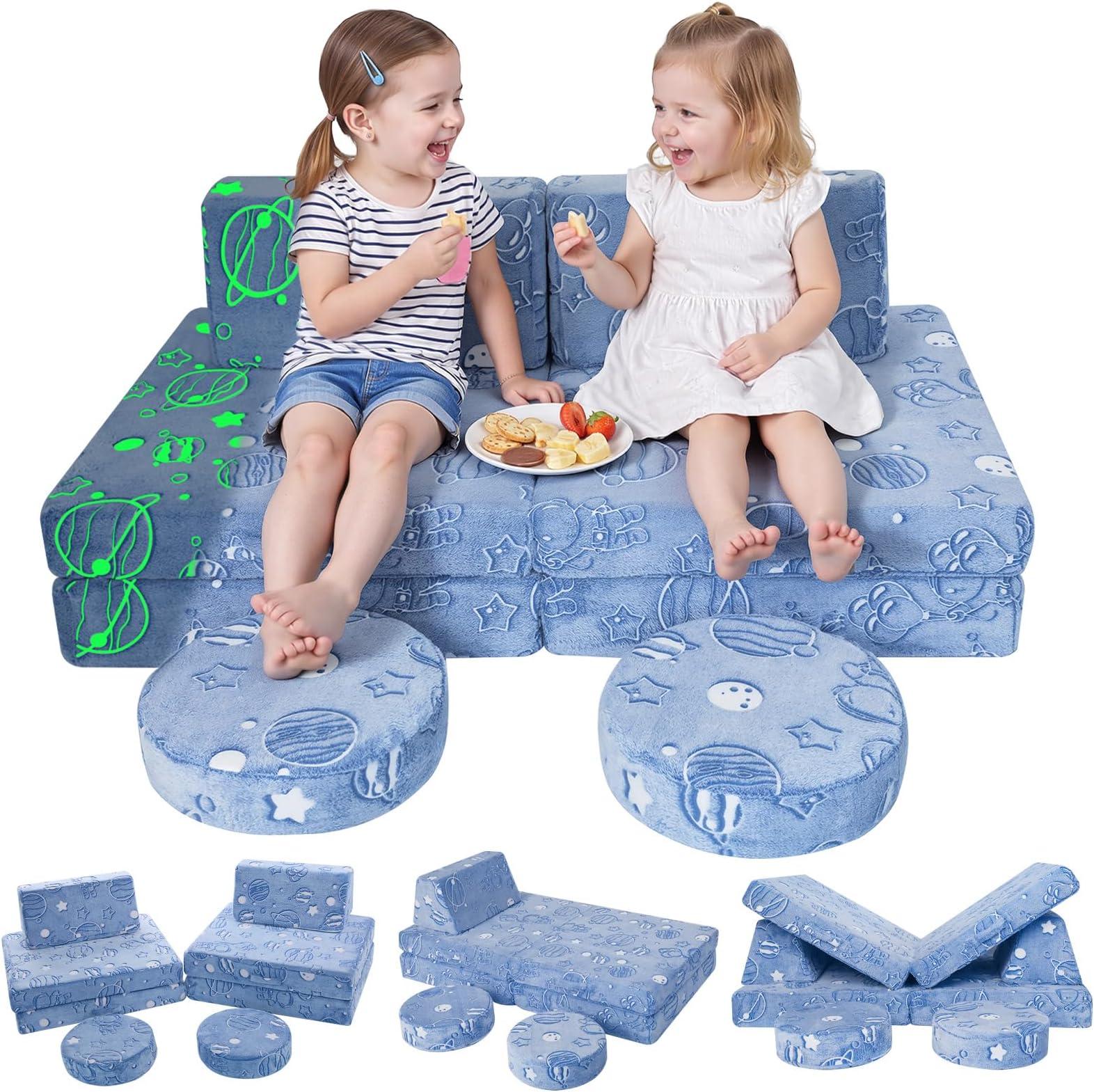 MeMoreCool Kids Couch, 8-Piece Modular Play Couch for Toddlers with Glow in the Dark Space Astronaut Design, Convertible Foam Sofa Fort Builder with Washable Plush Covers for Boys Playroom, Ages 3+