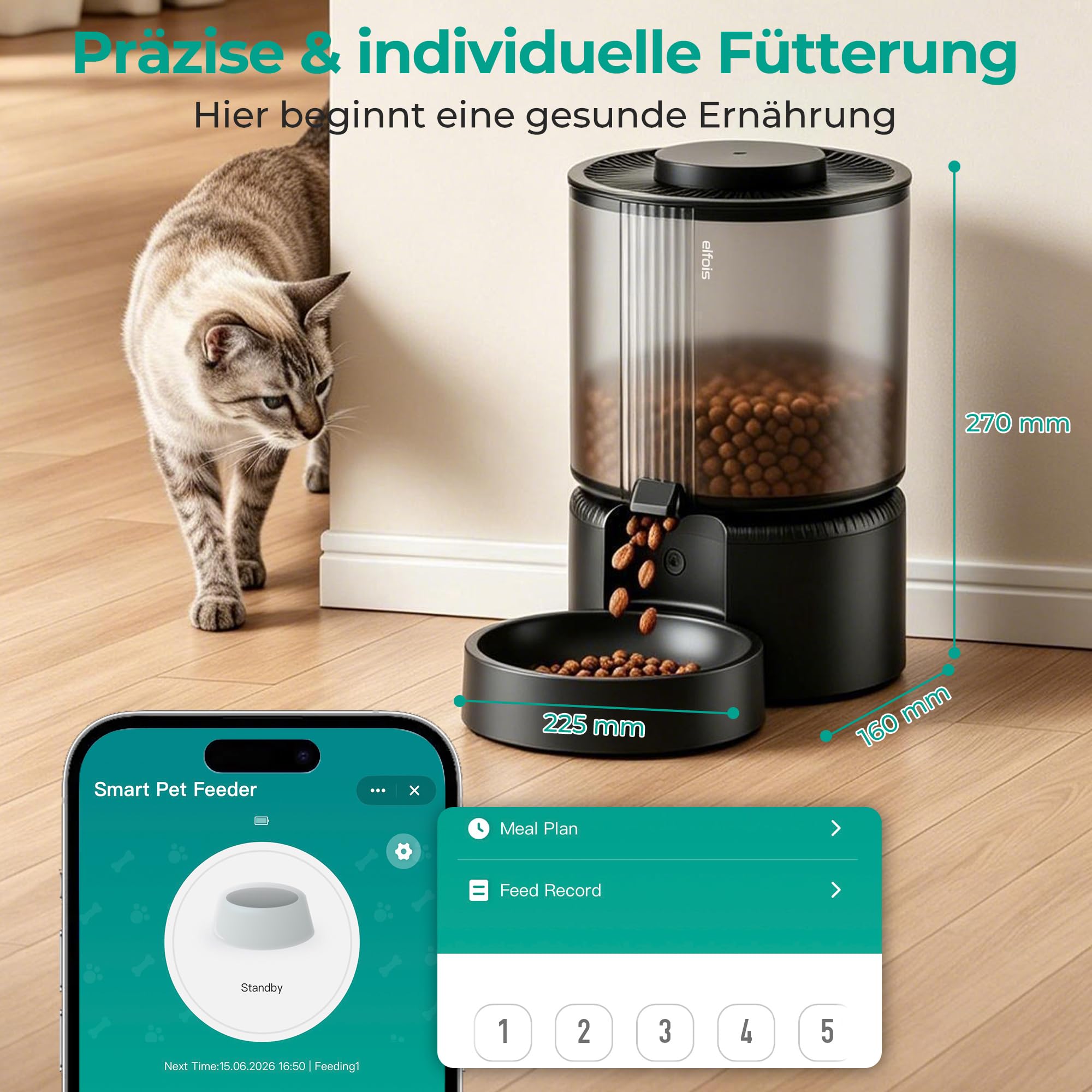 WiFi Futterautomat Katze, Smart App-Steuerung, 3L