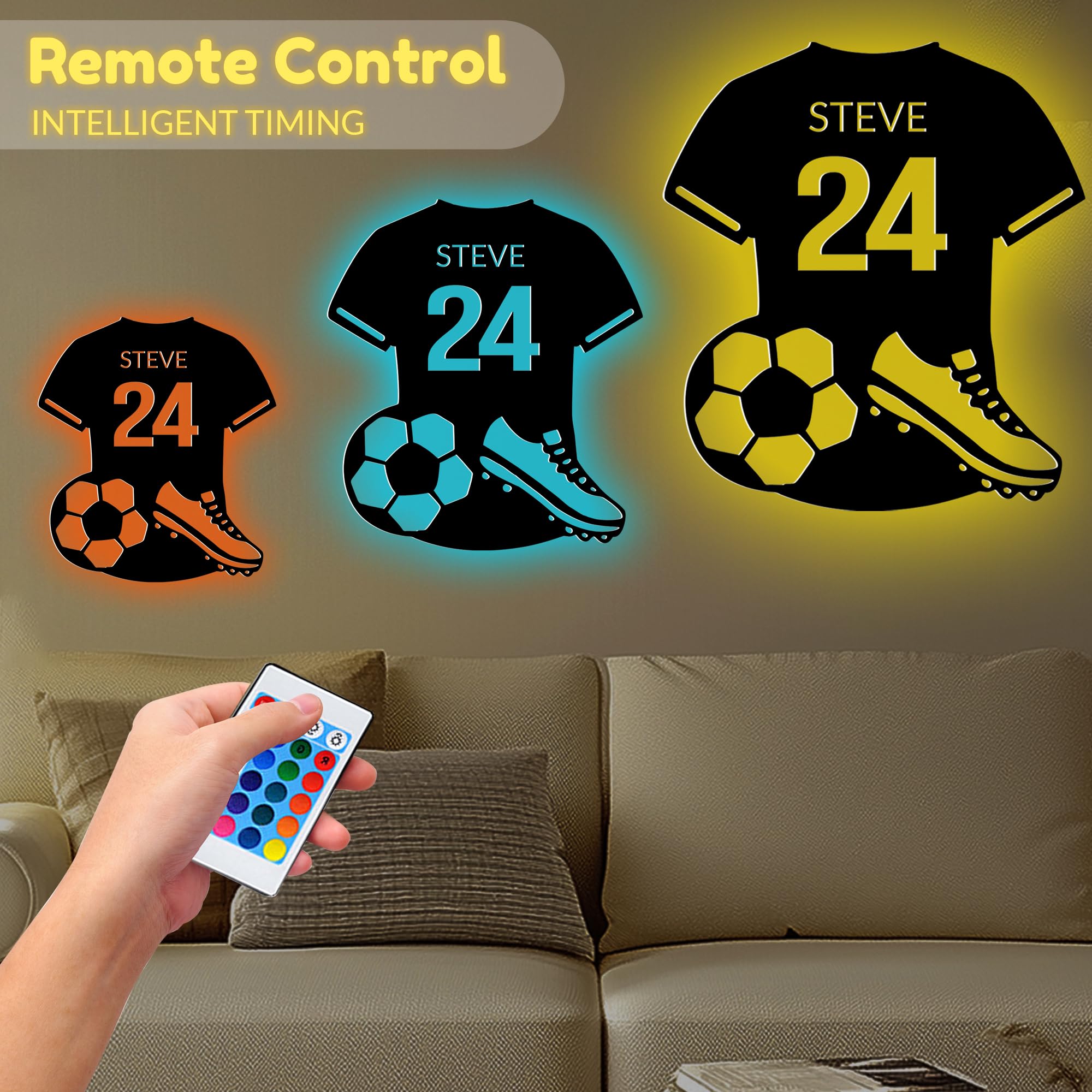 Enseigne Personnalisée Football, Panneau Métallique Personnalisé de Football avec Lumière LED, 20cm, 25cm, 30cm, 35cm