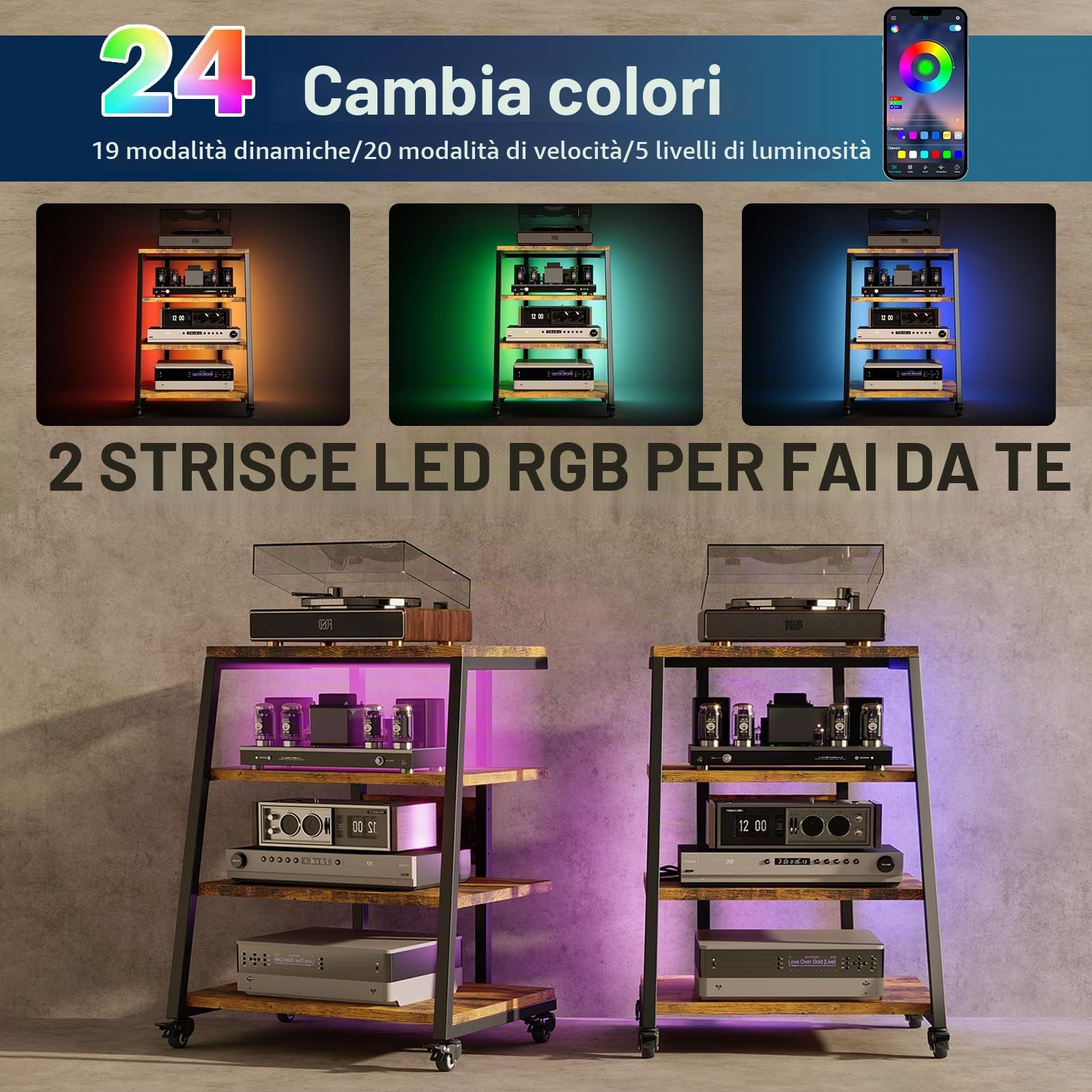 Mobile HiFi 4-level | Con prese multiple e ripiano regolabile | 4 ruote girevoli e 2 luci LED (app controllo) | 60x51x85cm Mobile Giradischi in legno e acciaio per impianto audio, impianto stereo