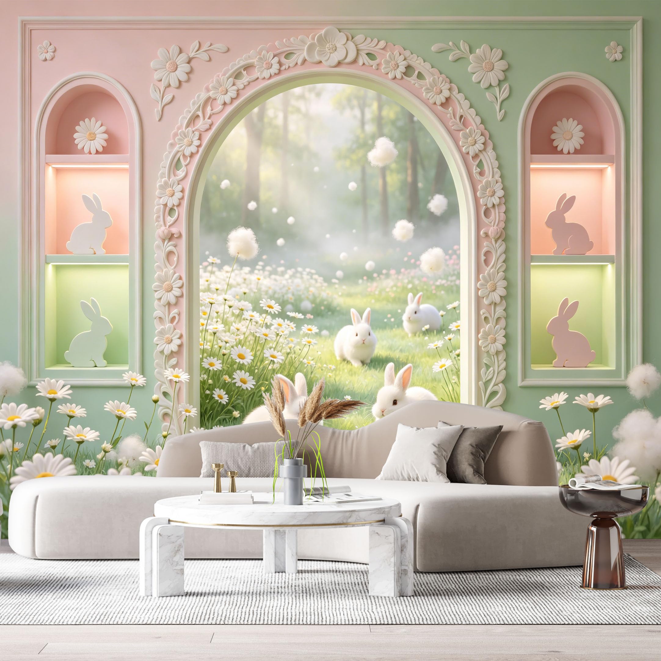 Custom Size Wall Mural Pastel Botanical White Daisy Rabbit 3D Trompe L'Oeil SelfAdhesiveWall Fabric Removable Wallpaper Wall Decor for Living Room Bedroom Bathroom