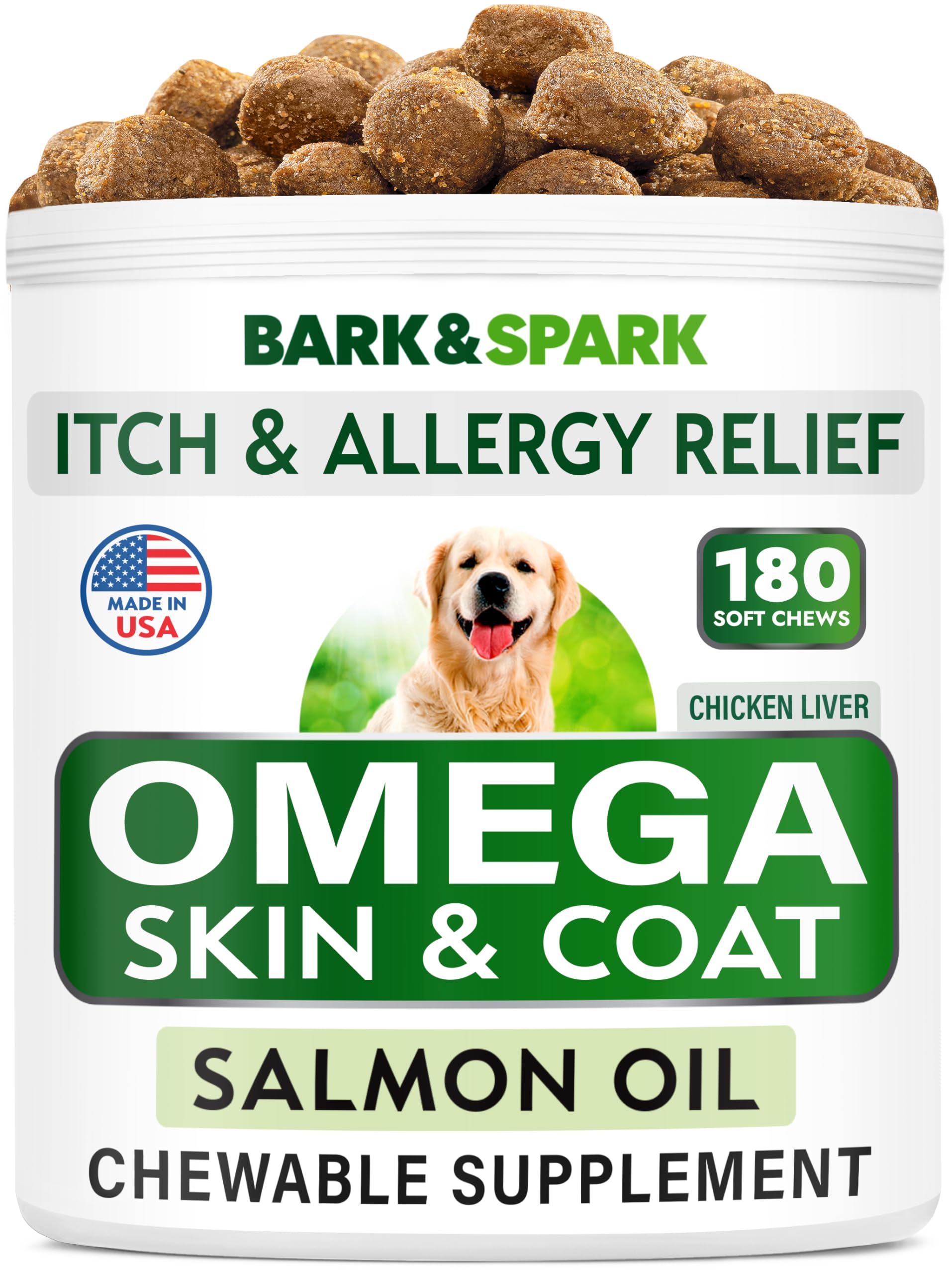 BARK&SPARK Omega 3 for Dogs - 180 Fish Oil Treats for Dog Shedding, Skin Allergy Chews, Itch Relief, Hot Spots Treatment - Joint Health - Skin and Coat Supplement - EPA & DHA Fatty Acids - Salmon Oil