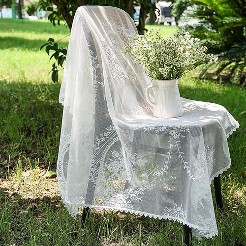 Miniatura 6 de vctops Mantel rectangular con bordado de flores de encaje, superposición de encaje blanco vintage para banquete de boda, mesa larga de cena de