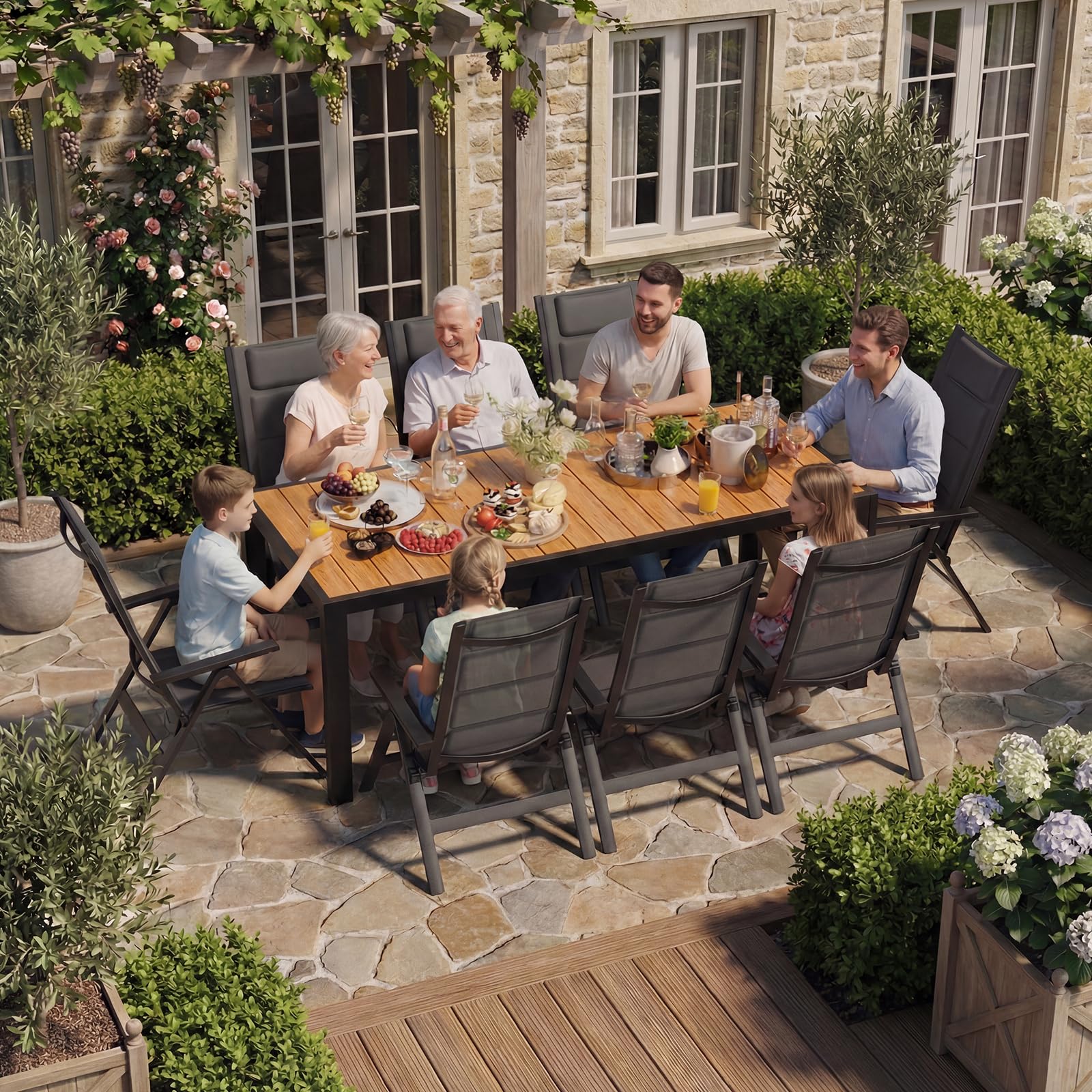 JUMMICO Gartenmöbel Set, 8 stühle Klappbar mit 1 Tisch, 5-Fach Verstellbarer Aluminium Sessel und Einer Tischplatte in Holzoptik, Wetterfestes Terrassenmöbel für Balkon und Garten