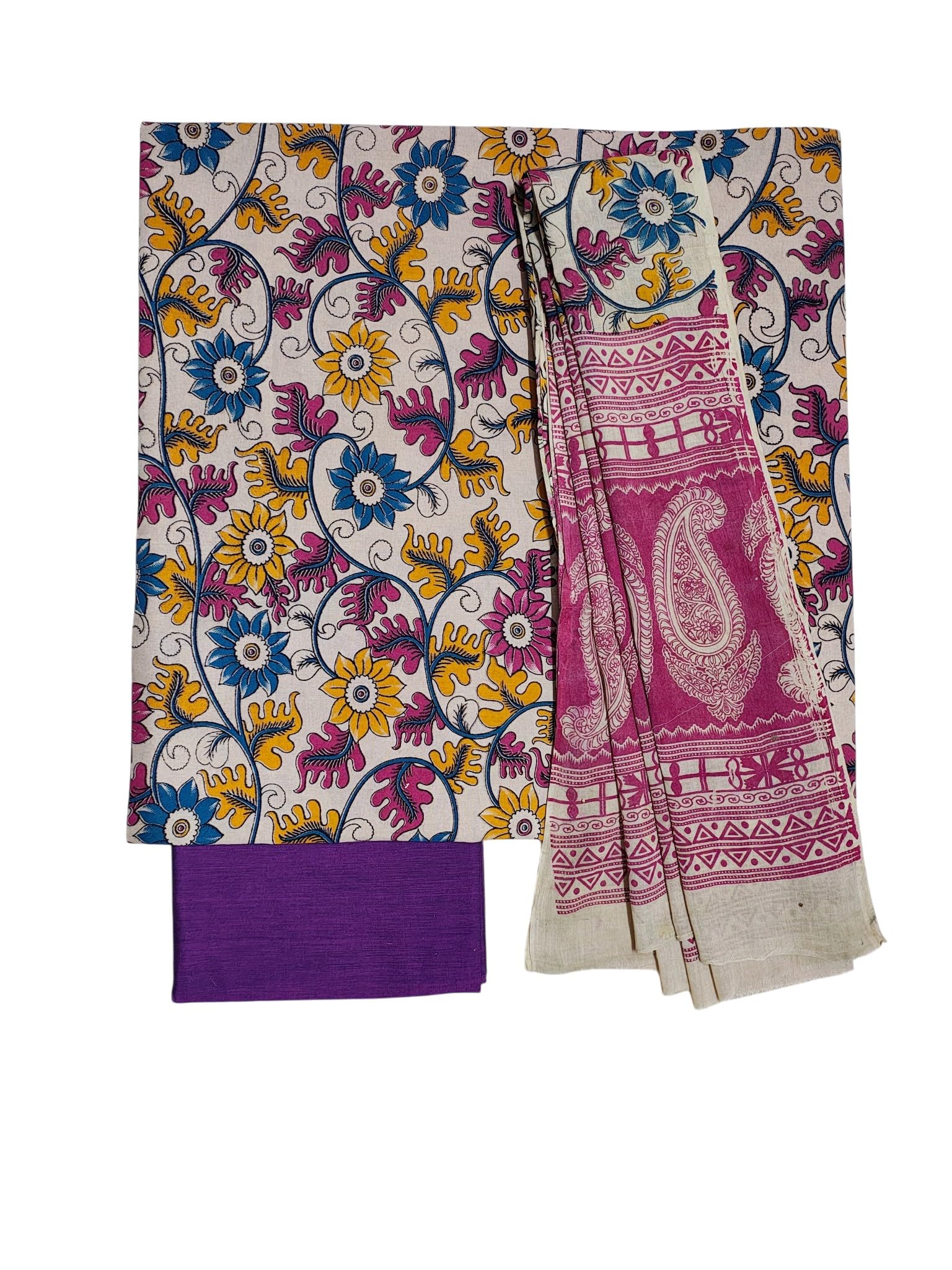 Kalamkari Cotton Dress Materials with Dupatta for Women | Kalamkari Block Print Unstitched Suit Set-image-19