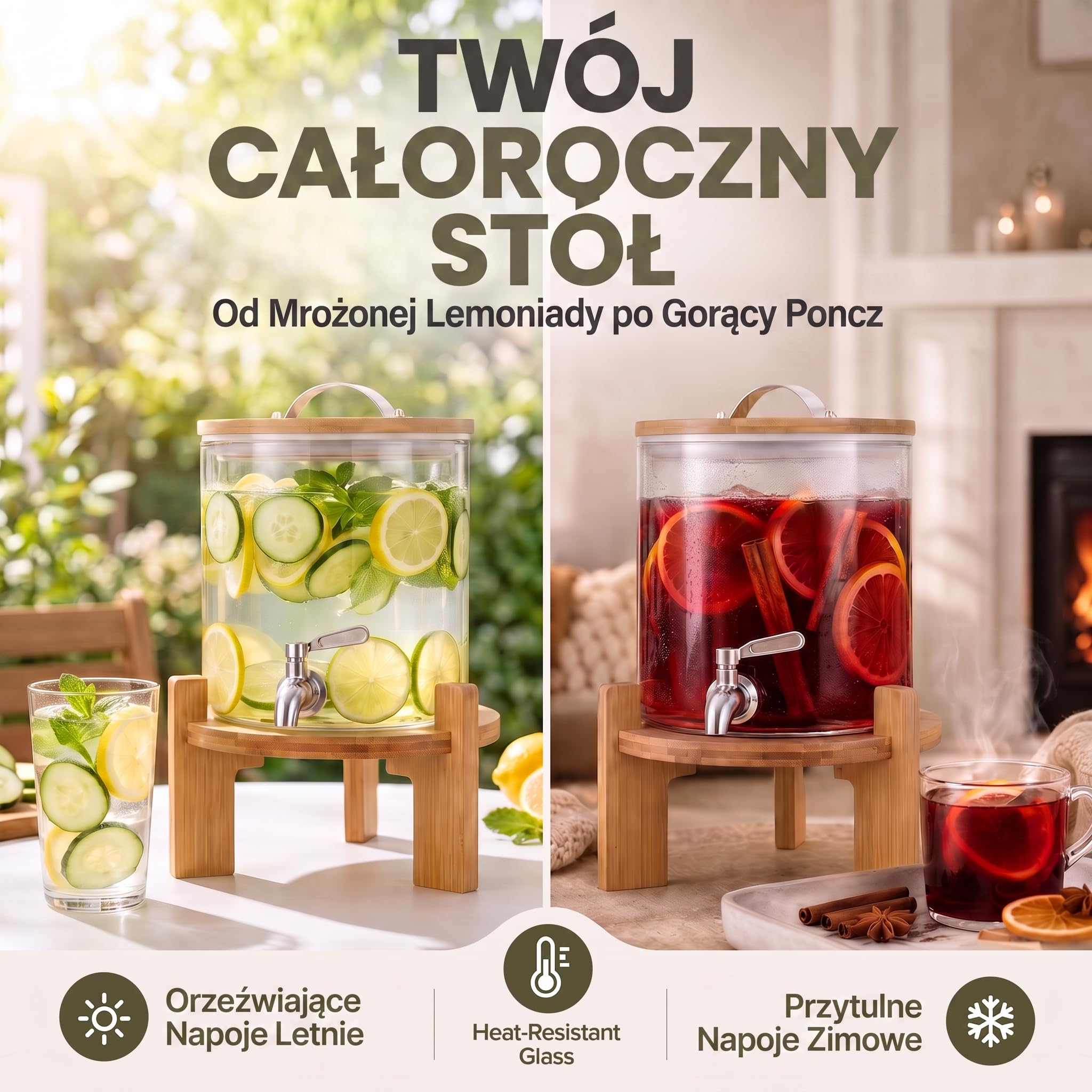 Dimono® Szklany Dozownik do Napojów 5 l z Kranem | Żaroodporne szkło borokrzemowe, kran ze stali nierdzewnej, bambusowy stojak 12 cm i pokrywka