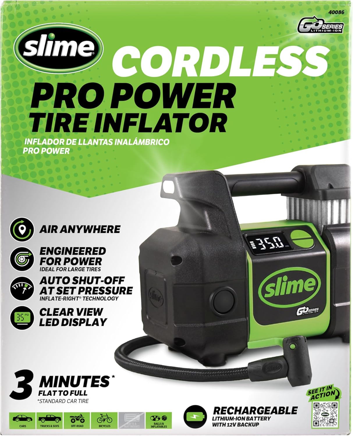 Slime 40086 Tire Inflator, Cordless, Pro Power, Portable Air Compressor Pump, Auto Shut-Off, Lithium Ion Battery and LED Light, Rechargeable, 3 min inflation - Image 2
