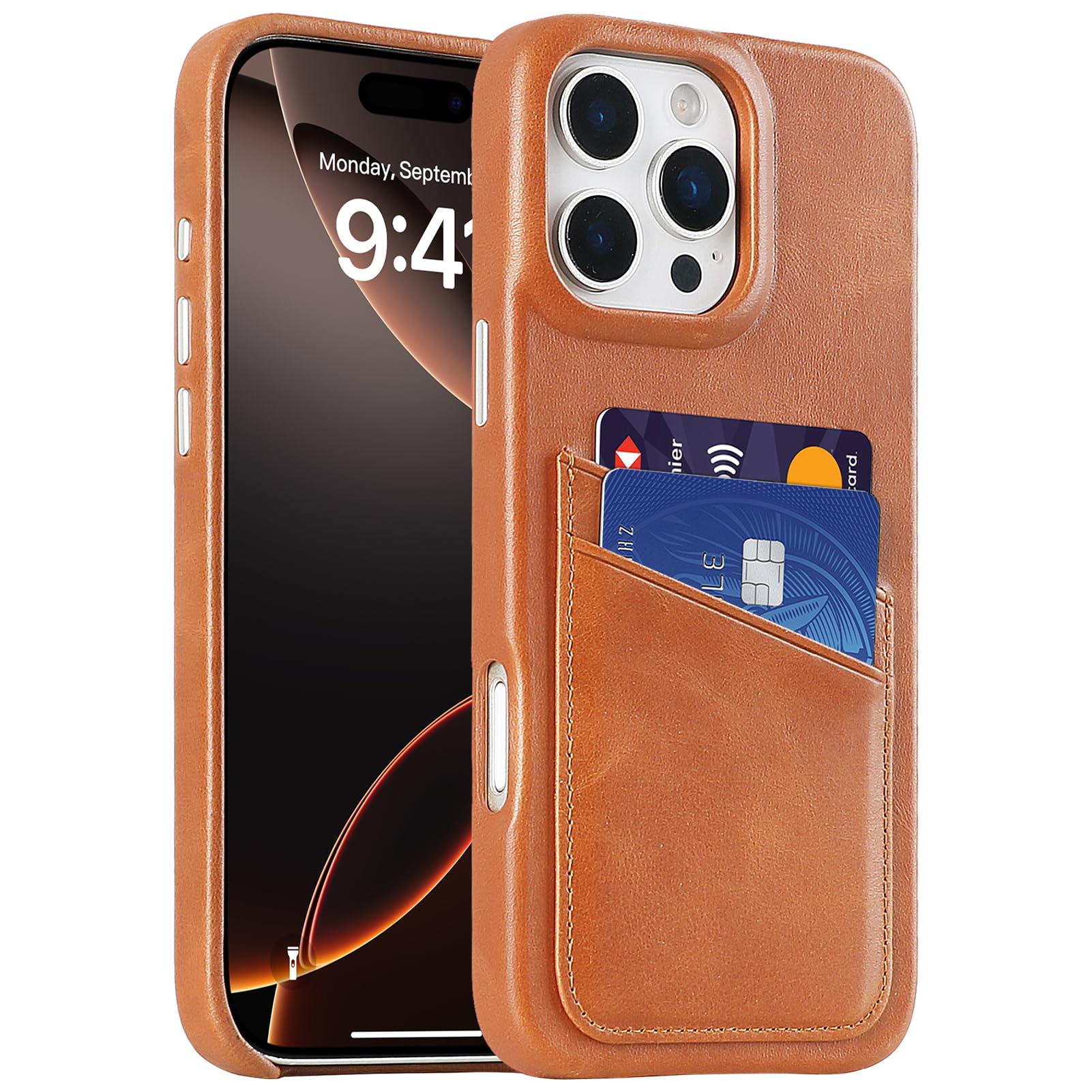 LUCKYCOIN Genuine Leather Wallet Phone Case for iPhone 16 Pro Max, Phone Purse with 2 Credit Card Holder, Compatible with iPhone 16 Pro Max, Metal
