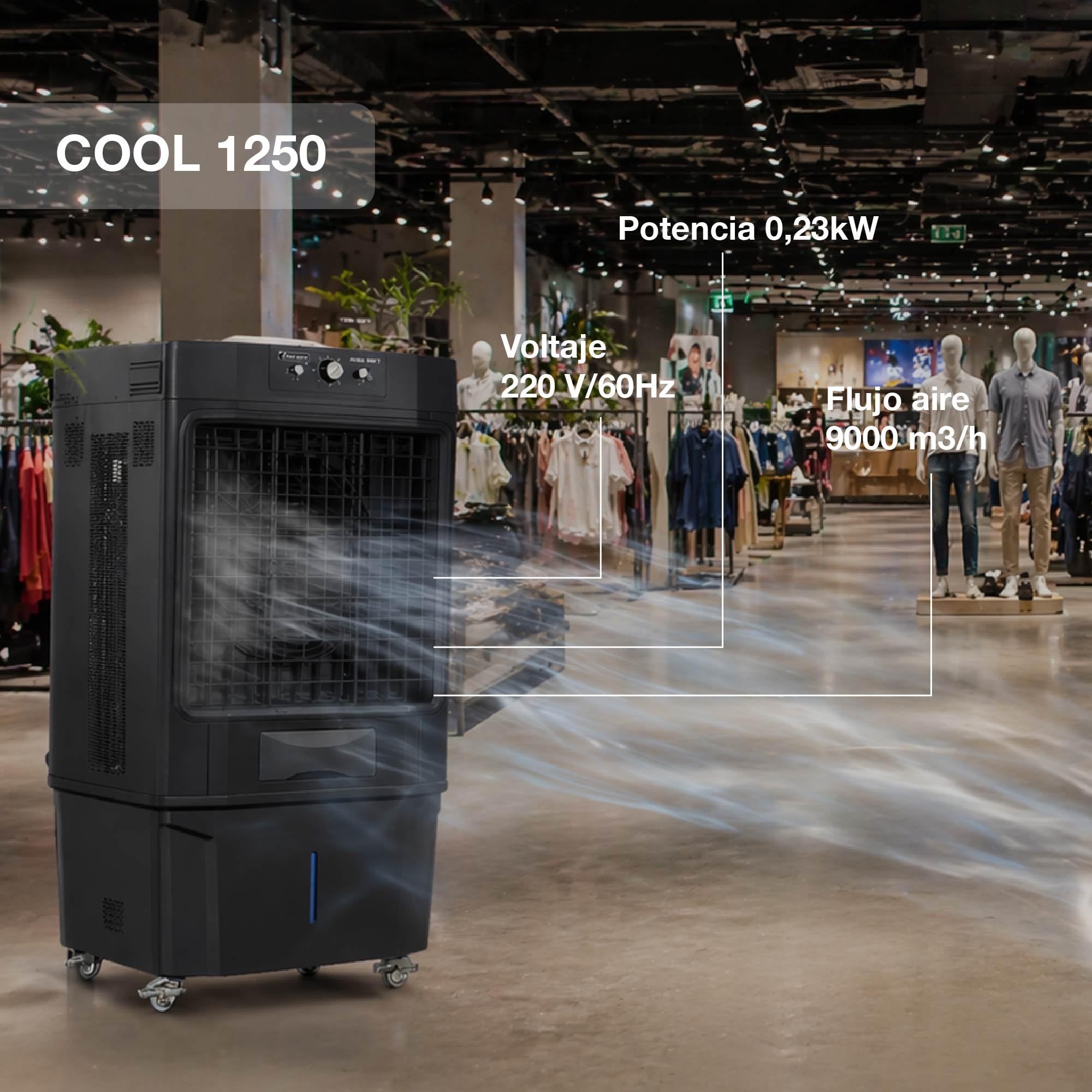 GARLAND COOL 1250 - Climatizador evaporativo 230 W, flujo 9000 m³/h, depósito 60 L, enfriador portátil para 50-80 m², estructura plástica, bajo consumo, silencioso y ecológico