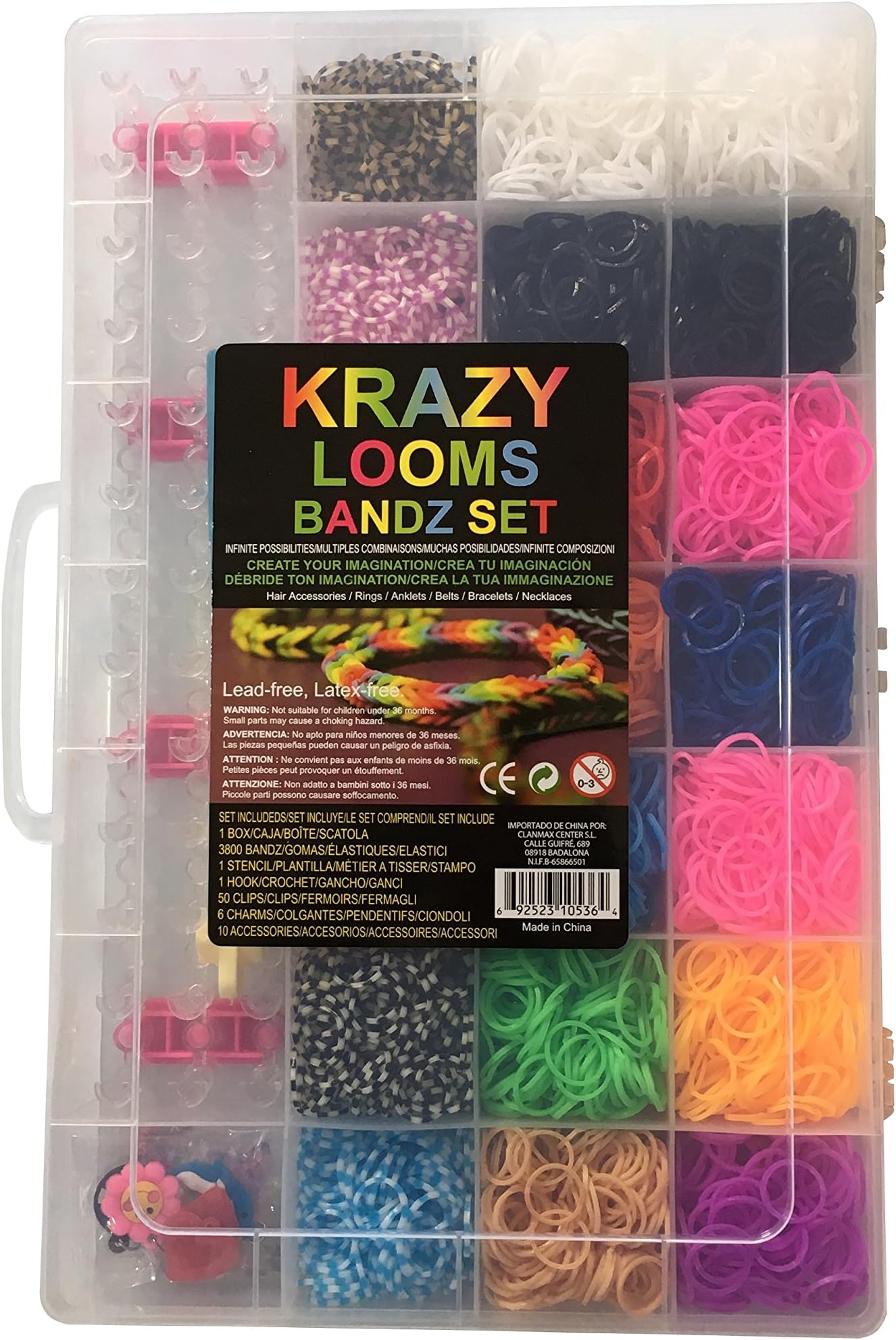 Complete Krazy Looms Kit - Create your own bracelets, rings or necklaces - 1 weaving loom stencil, 3800 Latex-free Elastic Bands, 50 S clips, 6 Charms, 1 Hook and 10 Accessories
