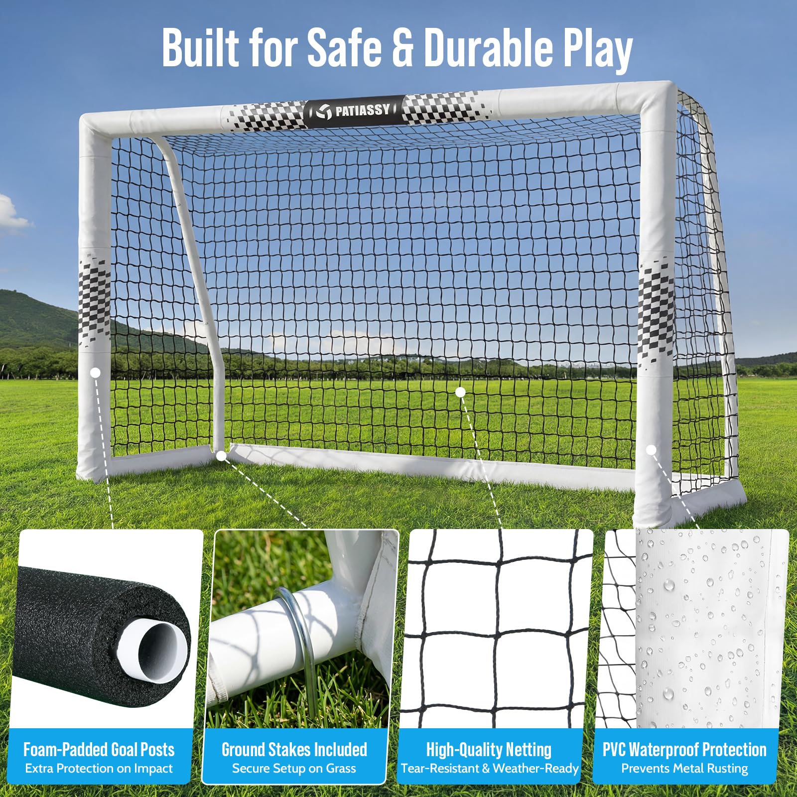 Fußballtor für den Garten, 240 x 160 cm, robustes Fußballnetz mit sicherheitsgepolsterten Metallpfosten, langlebiges Tor mit Trainingsset (Leiter und 12 Hütchen) für Kinder, Jugendliche und Erwachsene