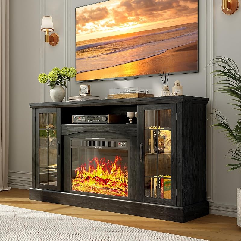 2-in-1 Multifunctional Fireplace TV Stand with 23" Removable Electric Fireplace, 58" Farmhouse Entertainment Center, Media Console Table with Large Storage Cabinets, for Living Room, Black