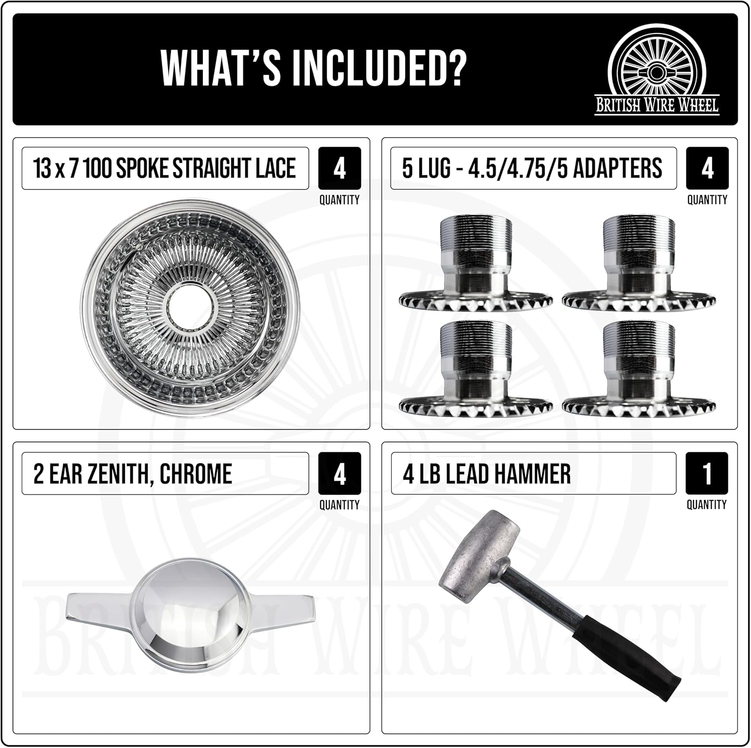 13x7 Reverse 100 Spoke Straight Lace Wire Wheels with Zenith Knock Off Spinner Caps + Chrome Adapters 5x4.5, 5x4.75, 5x5 | Chrome Deep Dish Lowrider Rims | Set of 4 + Lead Hammer
