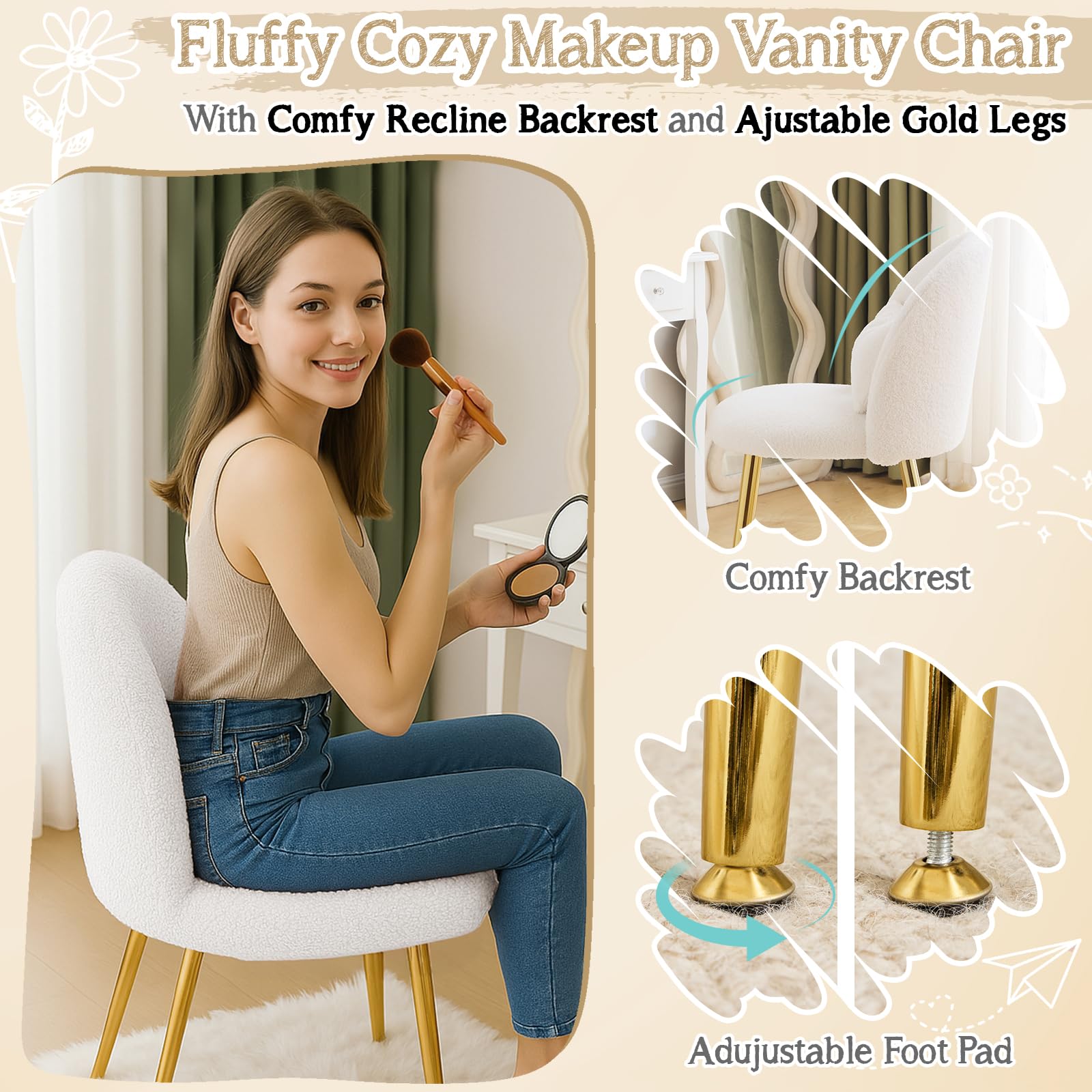 Bonnlo Silla de Maquillaje, Silla Tocador, Sillas de Comedor, Patas Doradas Ajustables y cojín con Lazo para Dormitorio, Sillón Salón para Tocador u Oficina en Casa (Tejido Teddy, Blanco)