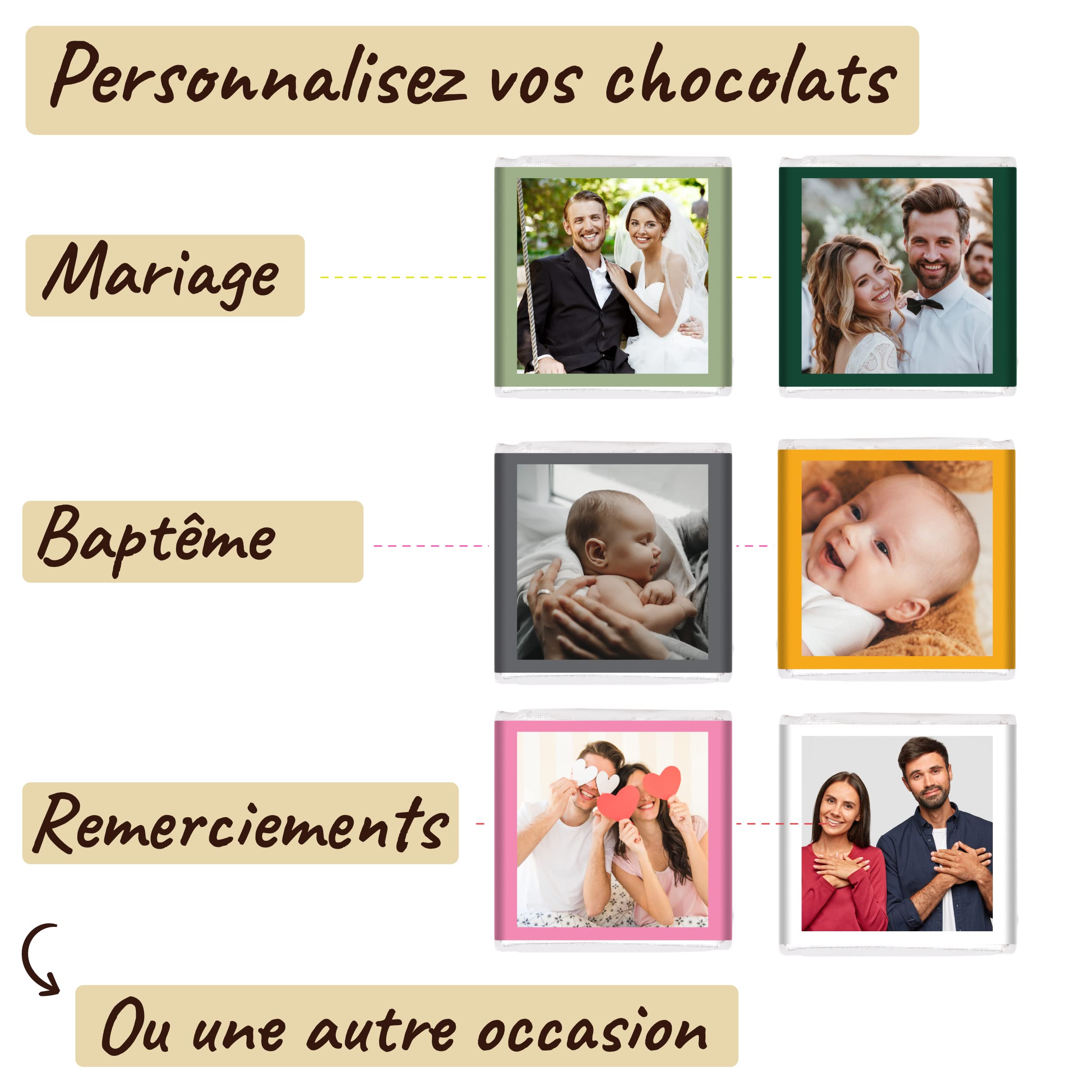 Coffret de 70 Carrés de Chocolat Personnalisés avec Photo et Textes | Personnalisez votre Texte et vos Couleurs, 7 Saveurs au Choix, 100% Pur Beurre de Cacao, Fabriqué en France, 350 Gr