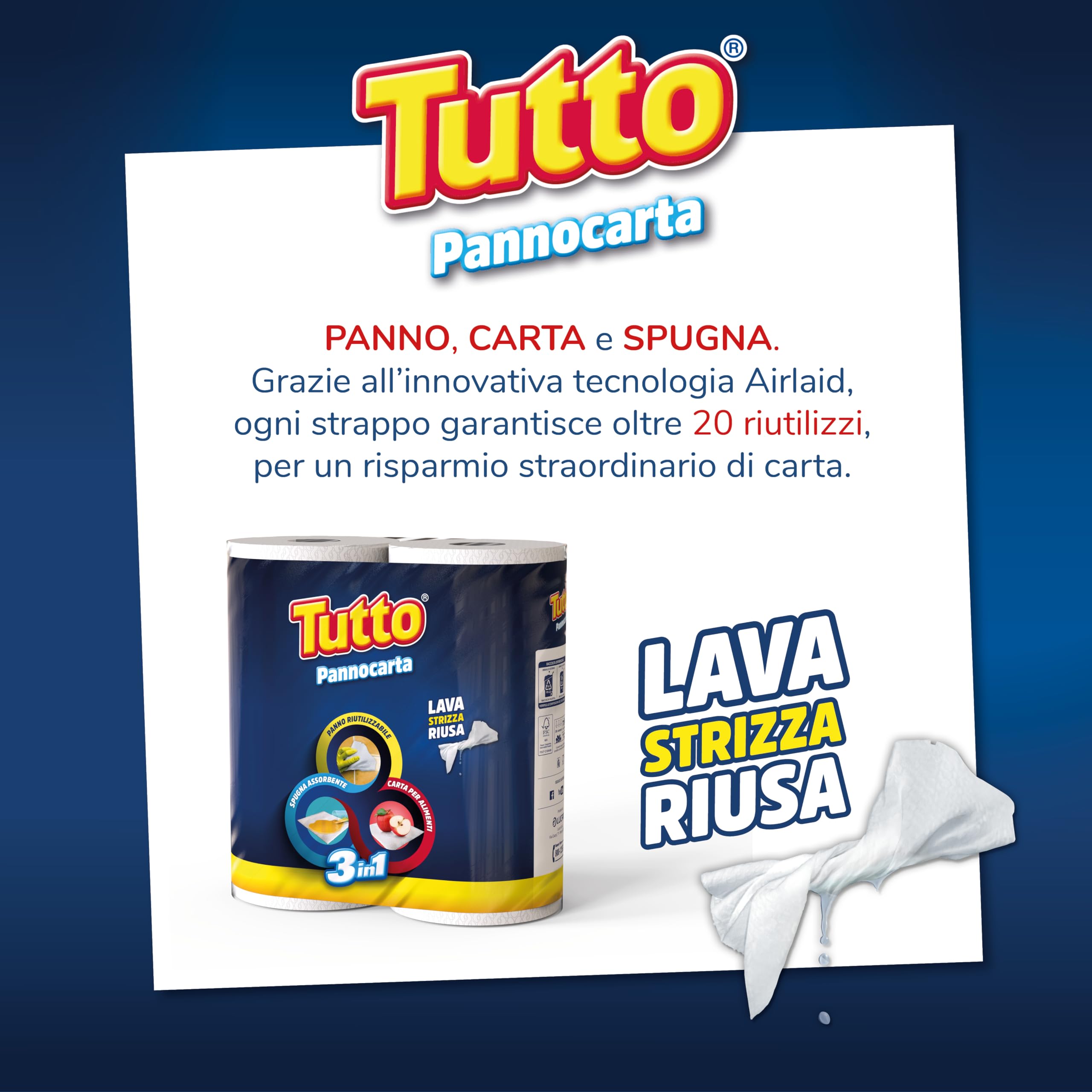 Tutto Pannocarta 3 w 1, 20 rolek papieru uniwersalnego, 1 welon, 48* łzy, bardzo chłonne, zmywalne i wielokrotnego użytku ponad 20 razy, 100% Wyprodukowano we Włoszech