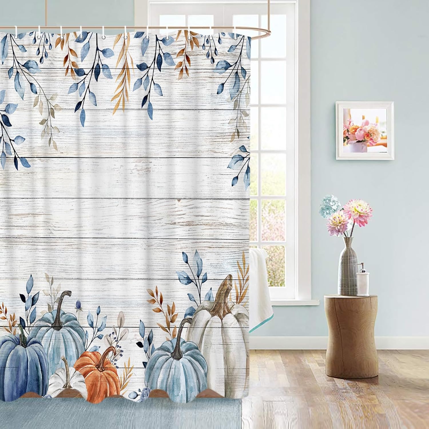 BestLives Fall Shower Curtains Blue Pumpkin Bath Curtain Leaves Floral Wood Grain Waterproof Bathroom Curtain with Hooks Thanksgiving Decoration 72 x 84 Inches