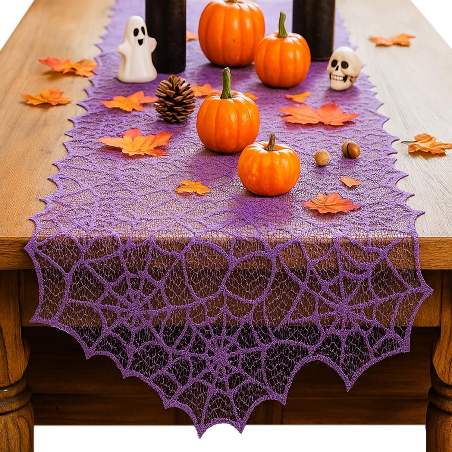 Sioloc Purple Spider Web Lace Table Runner, 13 x 72 Inch Gothic Lace Tablecloth for Halloween Party, Witch Theme Decor, Candy Table, Fireplace Mantel or Indoor Halloween Decoration