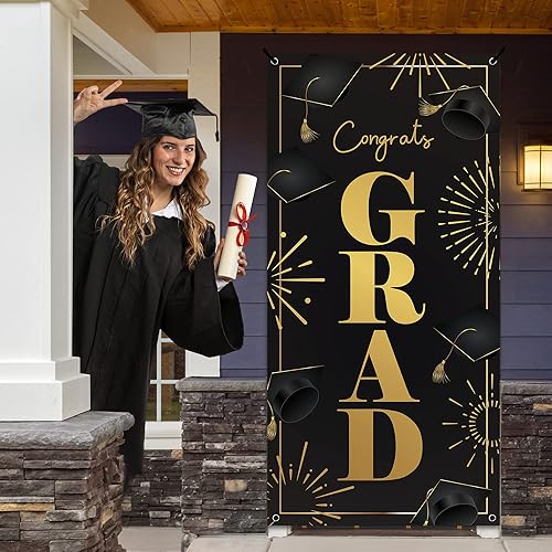 Miniatura 5 de Cartel de graduación  Cartel de felicitación de graduación de 6 x 3 pies para la clase de 2024  Decoraciones de porche negro y dorado, pancartas y