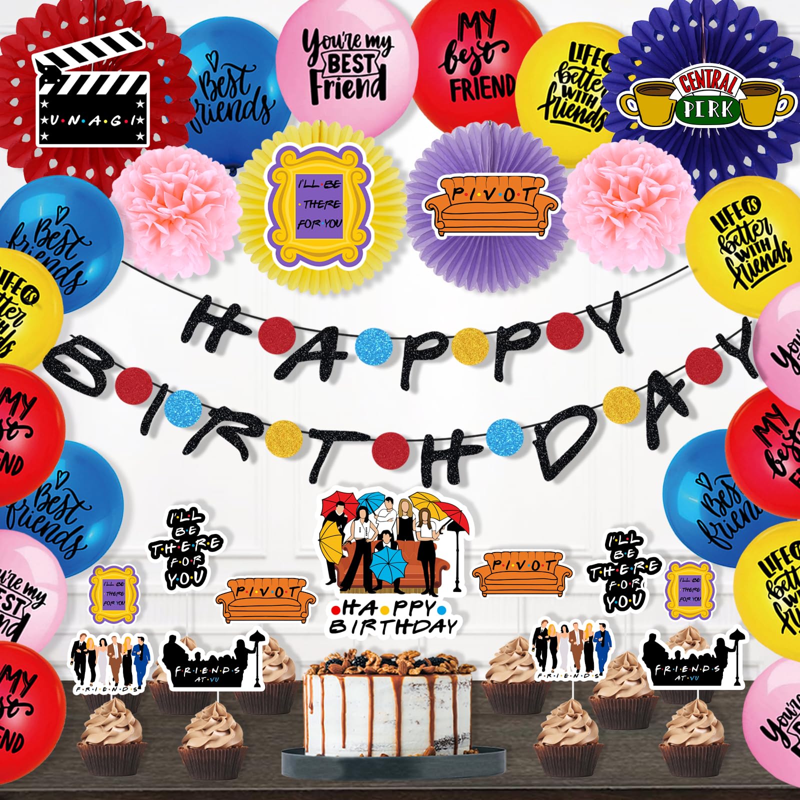 Friends TV Show Birthday Decorations Set, Hombae Friends Themed Party Decoration Including Paper Fans Tissue paper flowers Pom Poms Cutouts Birthday Banners Cake Cupcake Toppers Balloons