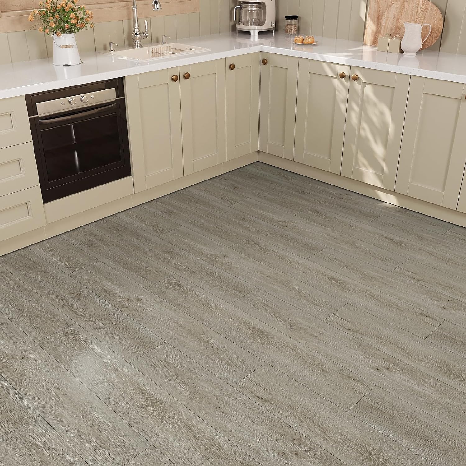 VEELIKE Rustic Weathered Wood Peel and Stick Floor Tile Waterproof Muted Grey Vinyl Flooring 6x36 Inch 32 Planks Self Adhesive Renter Friendly Laminate Flooring Planks for Bathroom Kitchen Floor Tiles