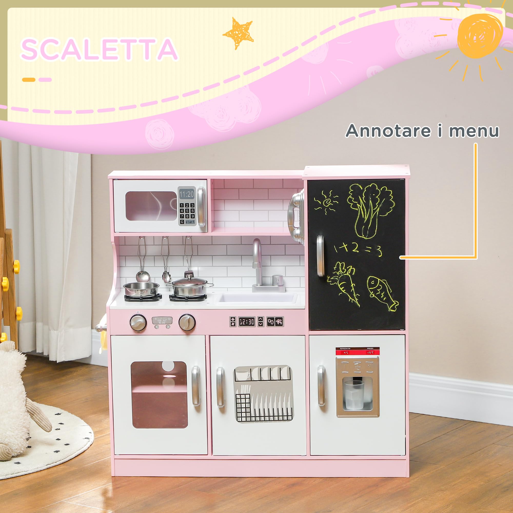 AIYAPLAY Cucina Giocattolo per Bambini, Cucina in Legno per Bambini, Cucinetta Giocattoli con Fornelli, Microonde, Macchina del Ghiaccio, Lavandino, Pentole e Accessori, 3-8 Anni, 84x27x81 cm, Rosa