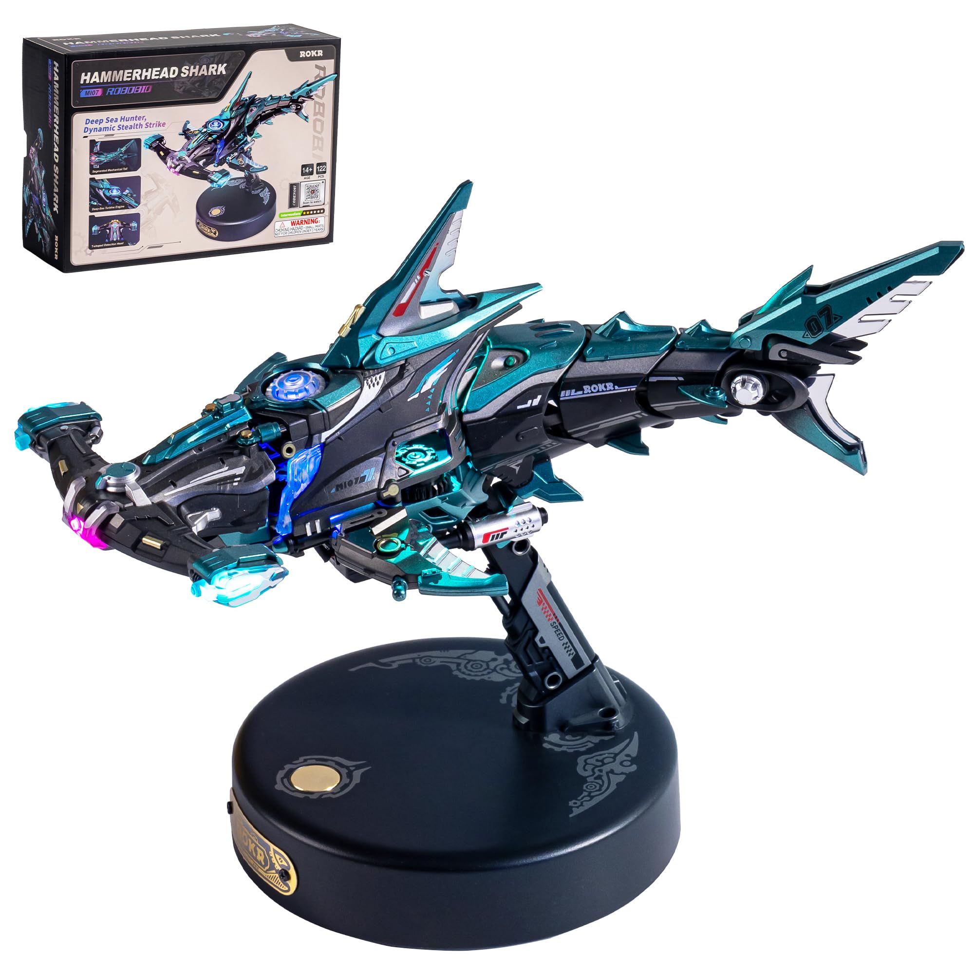 ROKR 3D Puzzle Hammerhead Shark Mechanical Model Kits for Adults, Sea Animals Building Toy with Motion & LED Light Effect, 3D Puzzles for Collection Home Office Desk Decor Gift for Men Hobby MI07