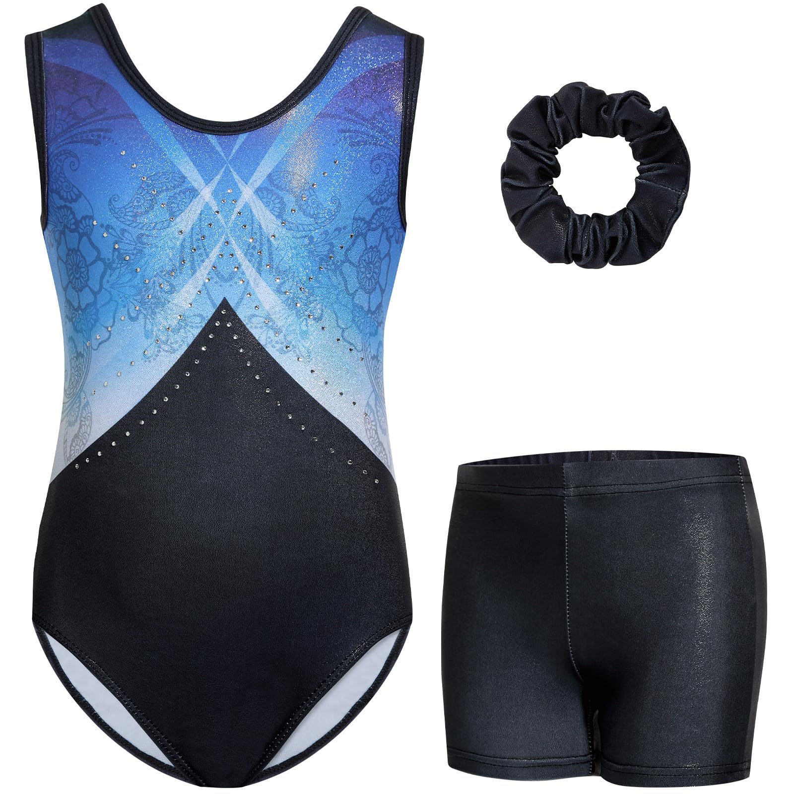 JiAmy Turnpakjes voor meisjes, sprankelende gymnastiek outfits voor meisjes met shorts en haarband gymnastiekset voor kinderen van 3-12 jaar, Rose-rood verloop, 6-7 jaar
