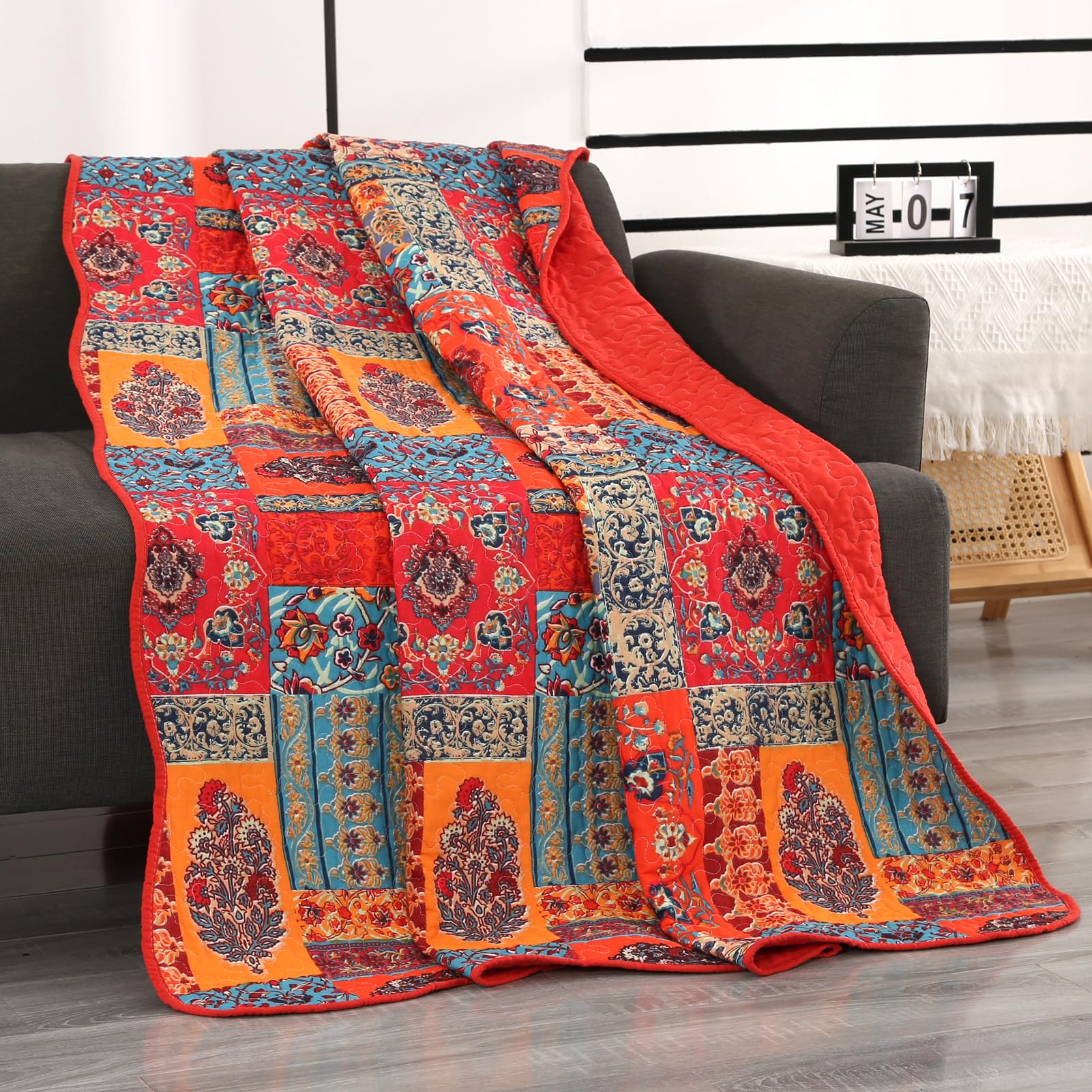 Qucover Tagesdecke Shabby chic 140 x 200 cm Patchwork Bettüberwurf 150x200 aus Baumwolle Gesteppte Decke für Einzelbett, Patchworkdecke, Boho Decke, Sofa Überwurfdecke