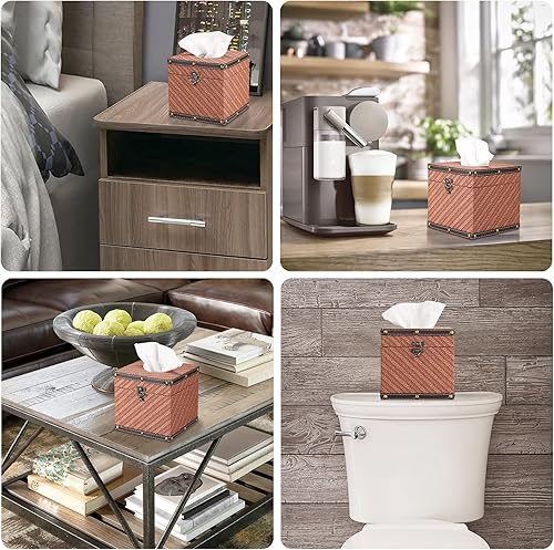 Miniatura 7 de Funda cuadrada para caja de pañuelos, soporte de pañuelos de madera retro con diseño de grano de trigo, dispensador de pañuelos decorativos con tapa