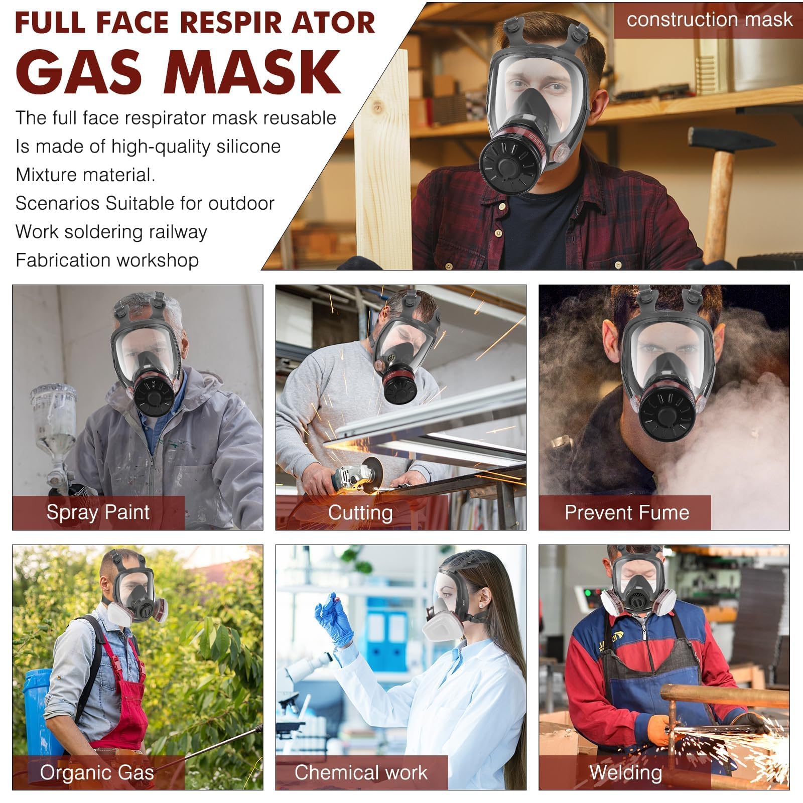 Maschera integrale a gas - Maschera respiratoria riutilizzabile a gas di sopravvivenza nucleare e chimica con filtro al carbone attivo 6001 cn e 40 mm contro gas/polvere/vapori/fumi per prodotti