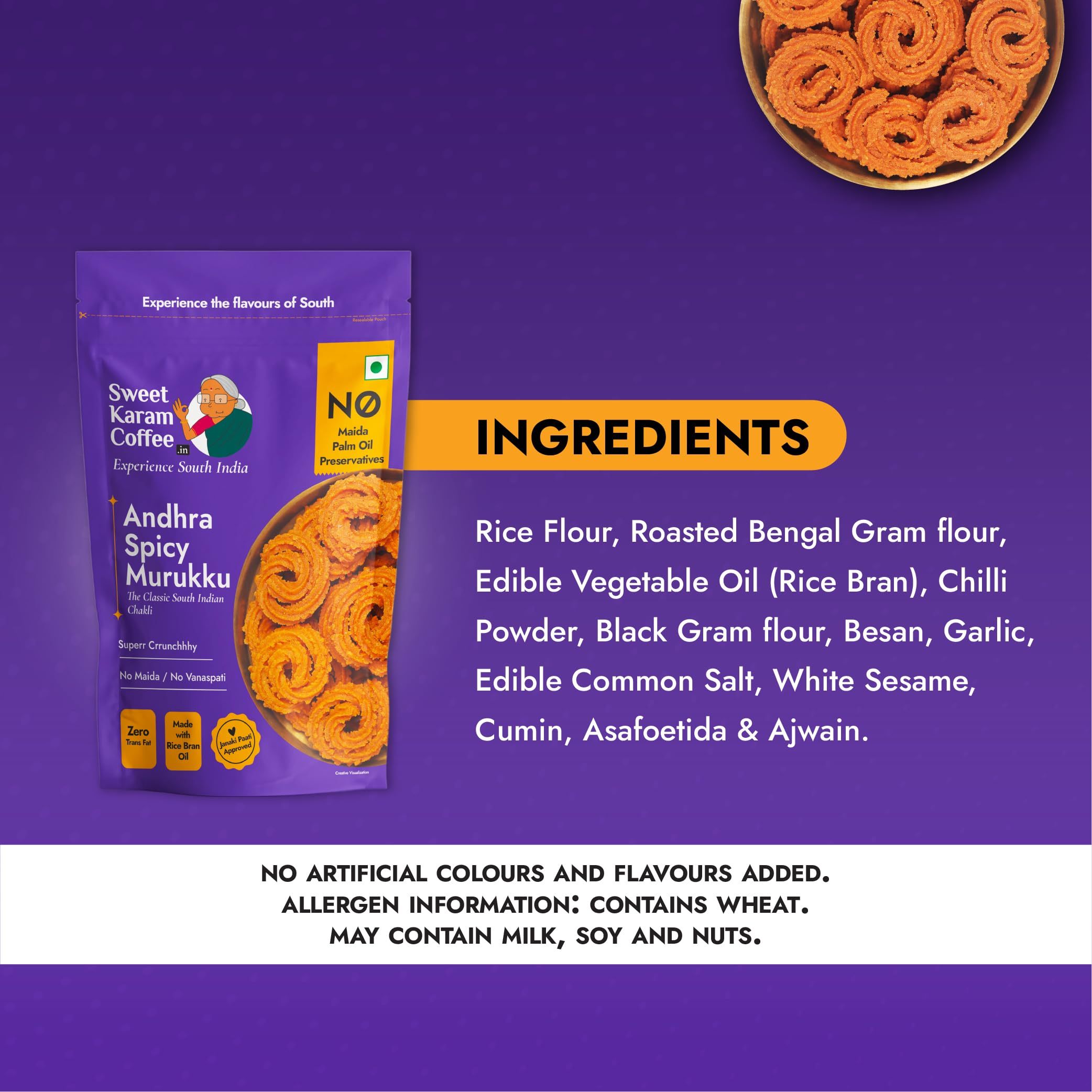 Sweet Karam Coffee Andhra Spicy Murukku β 500grams | No Palm Oil or Preservatives | South Indian Chakli Snack | Crispy & Spicy Tea-Time Namkeen | Homestyle Crunchy Treat 2