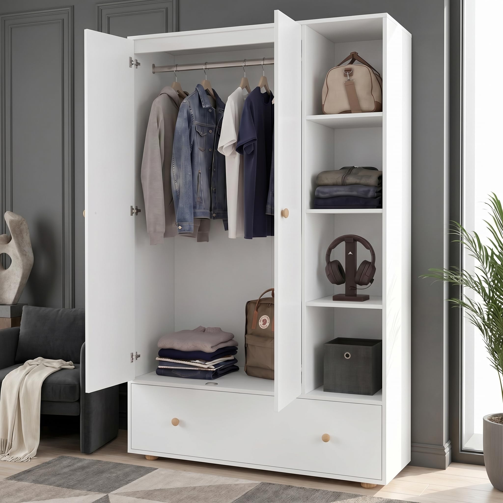 Blisswood 2 Door Bedroom Wardrobe with Drawer & 4 Open Shelves, White Wooden Double Wardrobe with Hanging Rail, Adjustable Side Shelves, Space Saving Clothes Storage Cabinet Unit for Bedroom Furniture