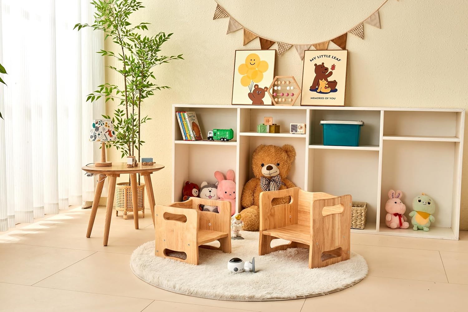Weaning Table and Chair Set,Real Hardwood, Desk for Toddler Reading,Snack Time,Playroom,Activity Cube,Step Stool,1-3 Year Old Kids Montessori Furniture-Nature