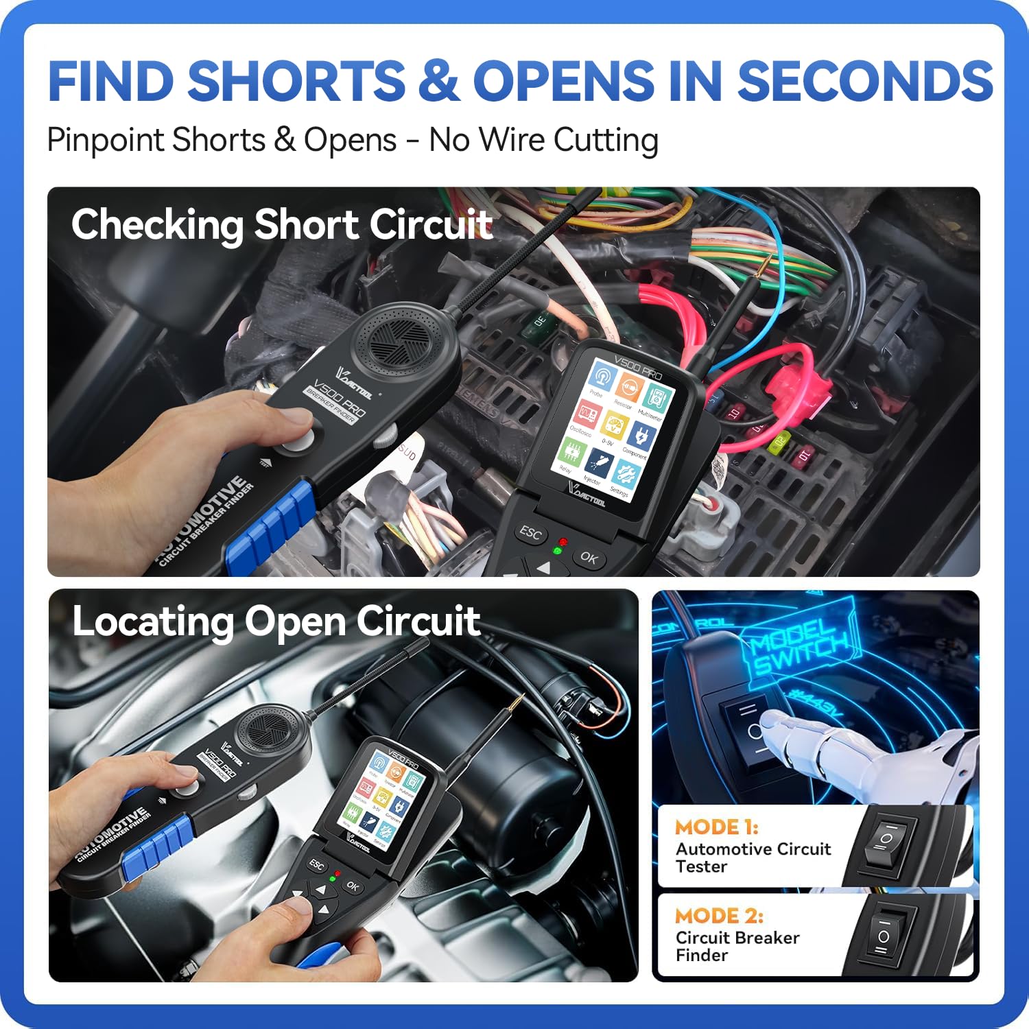 VDIAGTOOL V500 Pro Tester Sonda per Circuiti Elettrici con Cerca Filo Interrotto, Multimetro Oscilloscopio Relè Iniettori Test, Ricercatore Corto Circuito Aperto AC DC 9V-30V, Tracciatore Cavi 20FT