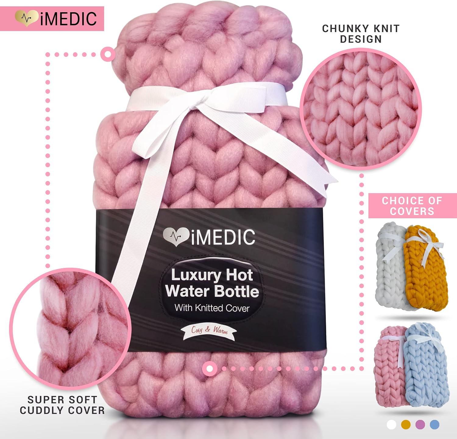 iMedic Premium Knitted Hot Water Bottle 2L - Large Hot Water Bottle with Cover UK - Hot Water Bag - Hot Water Bottle - Bigger Than Small Hot Water Bottle - Pink