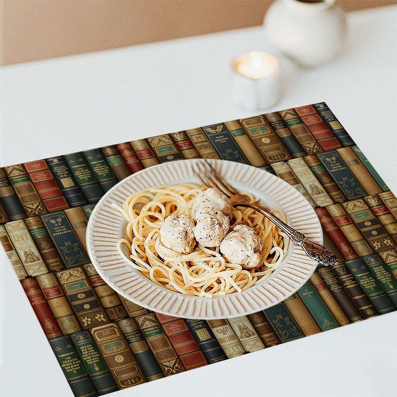 Set de Table Rétro - 8 Pièces Tapis de Table Livres en Coton et Lin 45×30cm Lavable Placemats Rectangulaire Réutilisable pour Salle à Manger, Salon