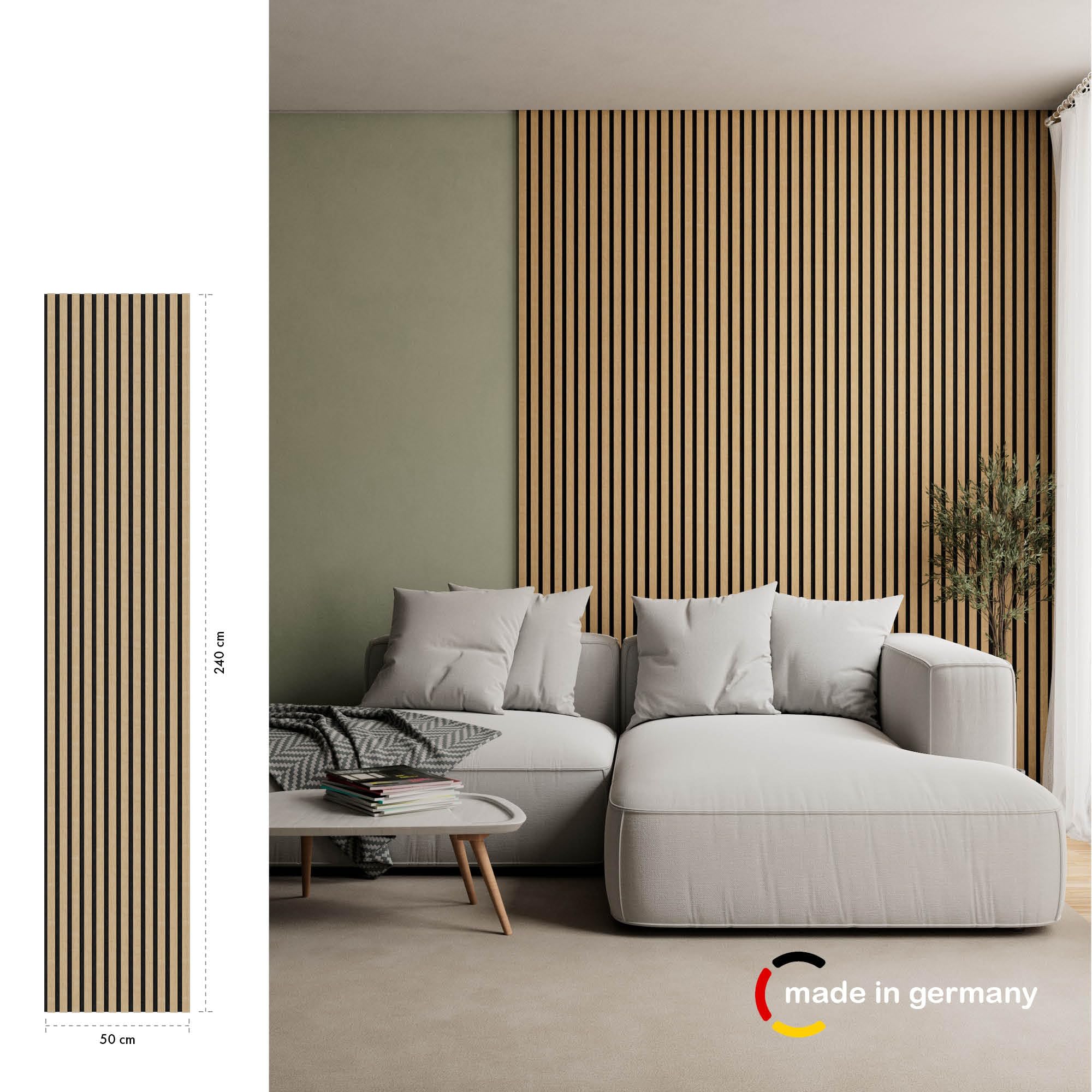 Momento Akustikpaneele Holz 240x50 cm - Made in Germany - Eiche Natur - Wandverkleidung Innen Wandpaneele Holzoptik - 3D Lamellenwand Paneele - Akustik Holzpaneele Wand Holzverkleidung Panel