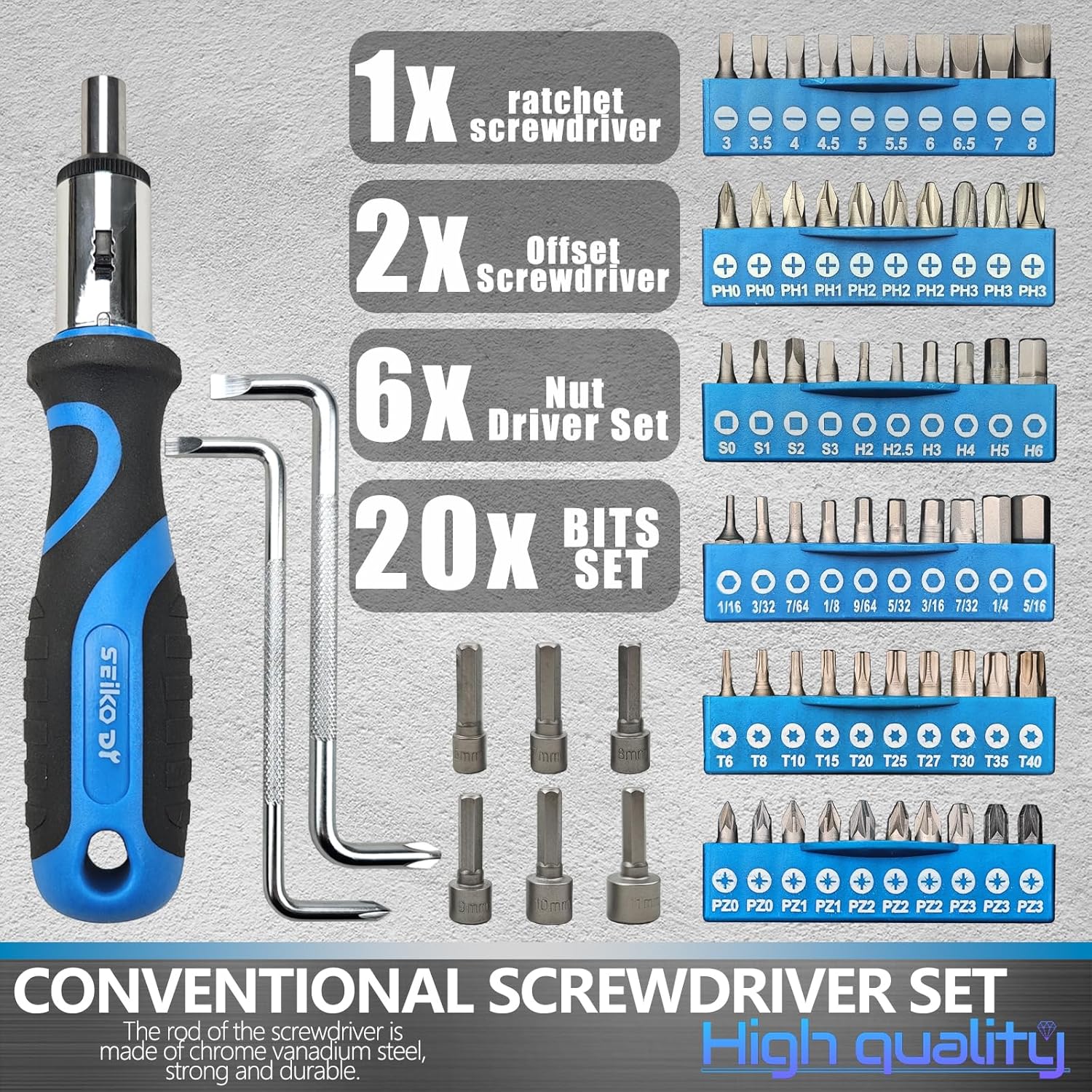 100-Piece Screwdriver Set with Storage Rack, Includes Slotted, Phillips, T-shaped, Z-shaped, Hex, Torx, Square, Precision, Ratchet Screwdriver or Bits, Nut Drivers, Ideal for Household Repair (Blue)