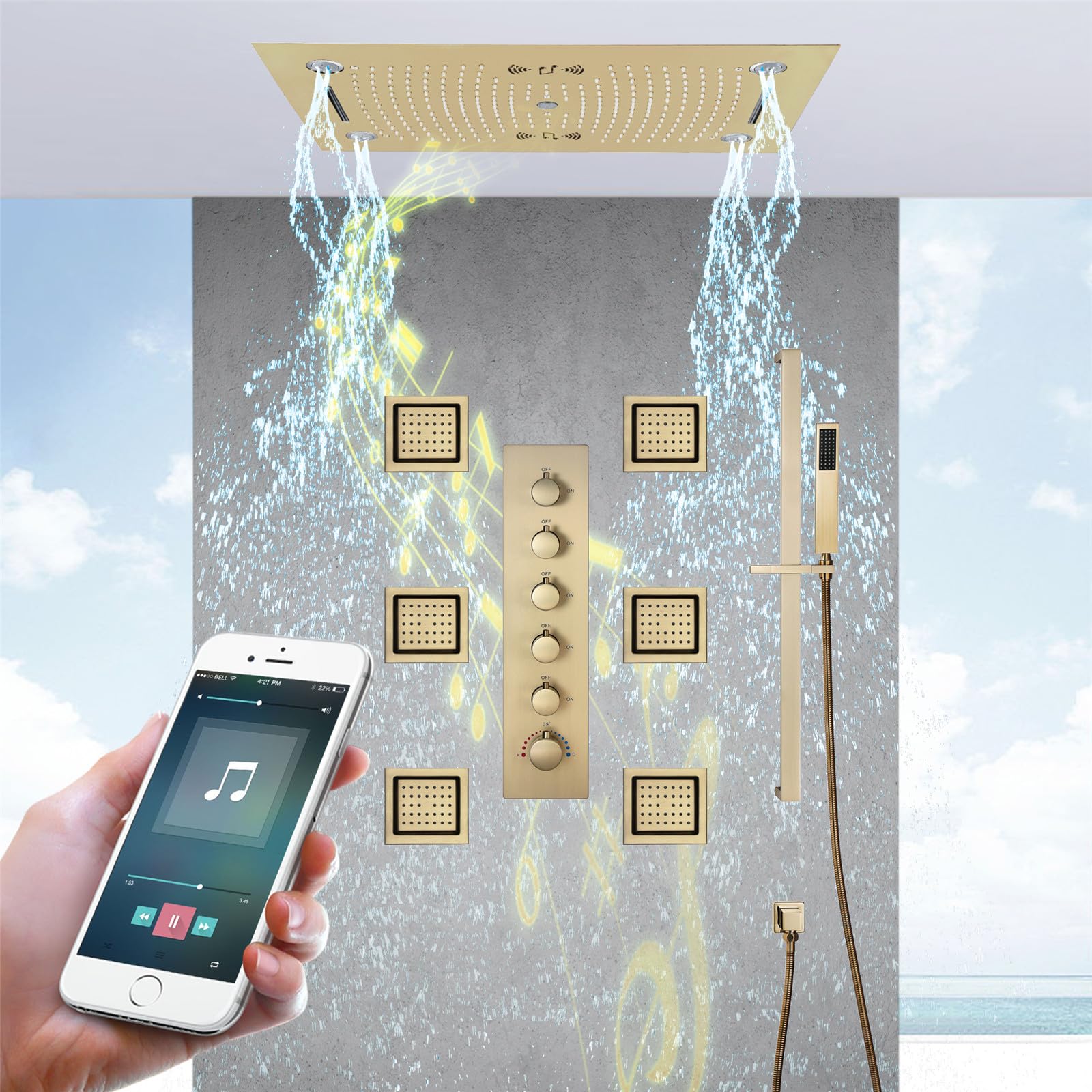 Duschsystem mit Thermostat, LED Duschsystem Unterputz Duschset Musik Gebürstetes Gold Dusche Regendusche Set mit 700 * 405mm Duschkopf, Handbrause, 6 pcs Massage Seite Spray