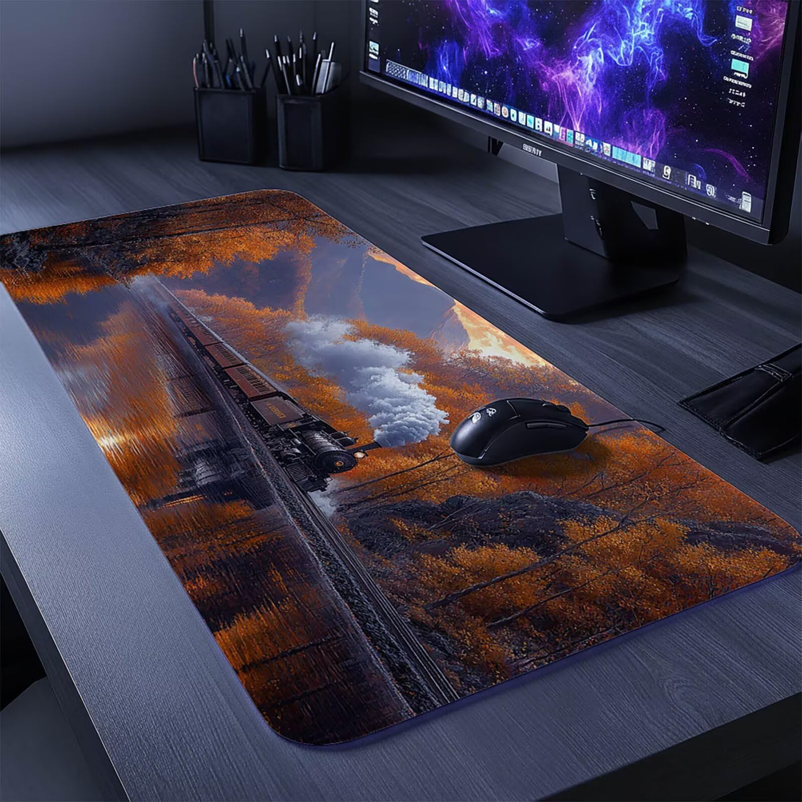 Podkładka pod mysz pociąg podkładka pod mysz XXL 1400 x 600 x 3 mm wodoodporna podkładka pod mysz z antypoślizgową gumową podstawą do laptopa Klawiatura Gamer PC Dekoracja Jesień Biuro Jesień DBYH