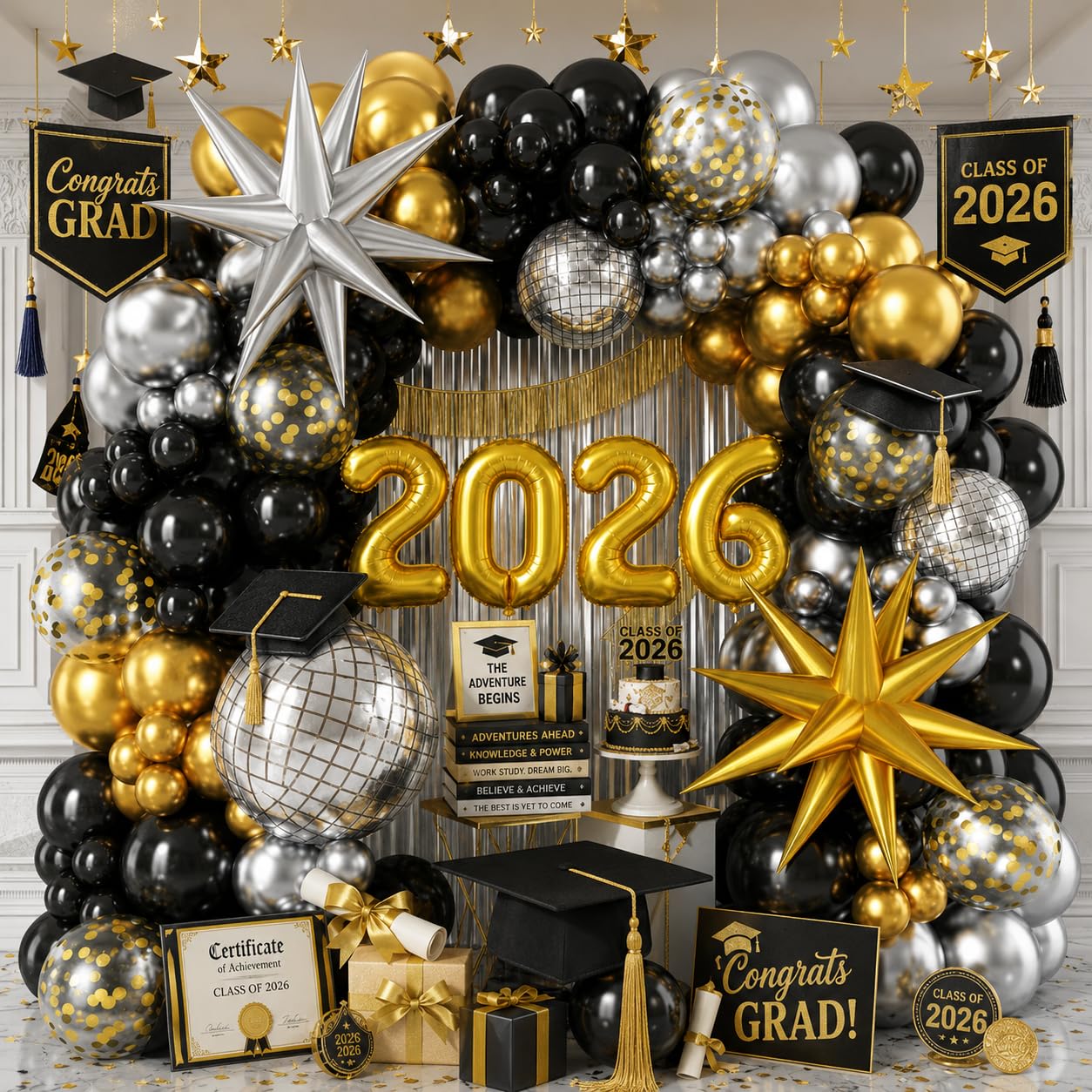 2026 czarny i złoty zestaw girlandy balonowej, czarno-złoty, srebrny, łuk balonowy noworoczny 2026, dekoracje noworoczne, balony z gwiazdą, balony na Nowy Rok, ukończenie szkoły, dekoracje na
