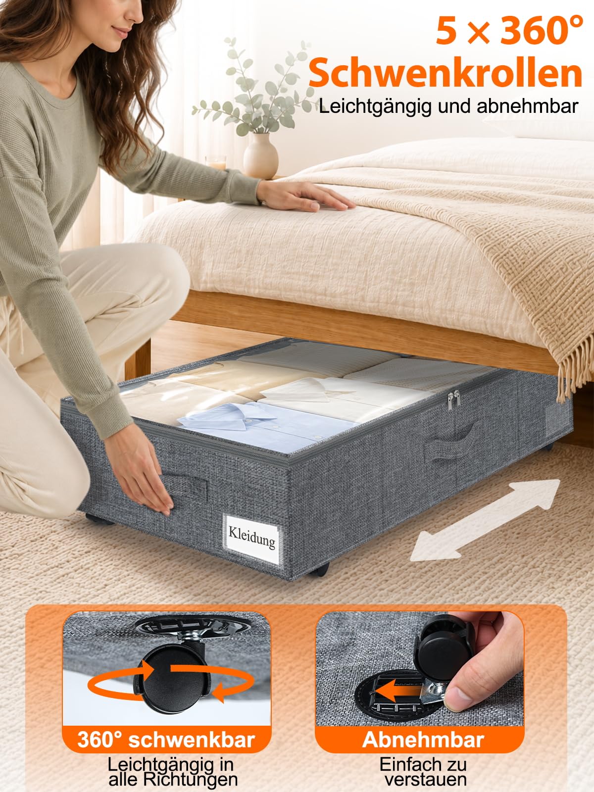 25 cm hohe Unterbettkommode mit 5 Rollen, 75 L Unterbett-Aufbewahrungsbox