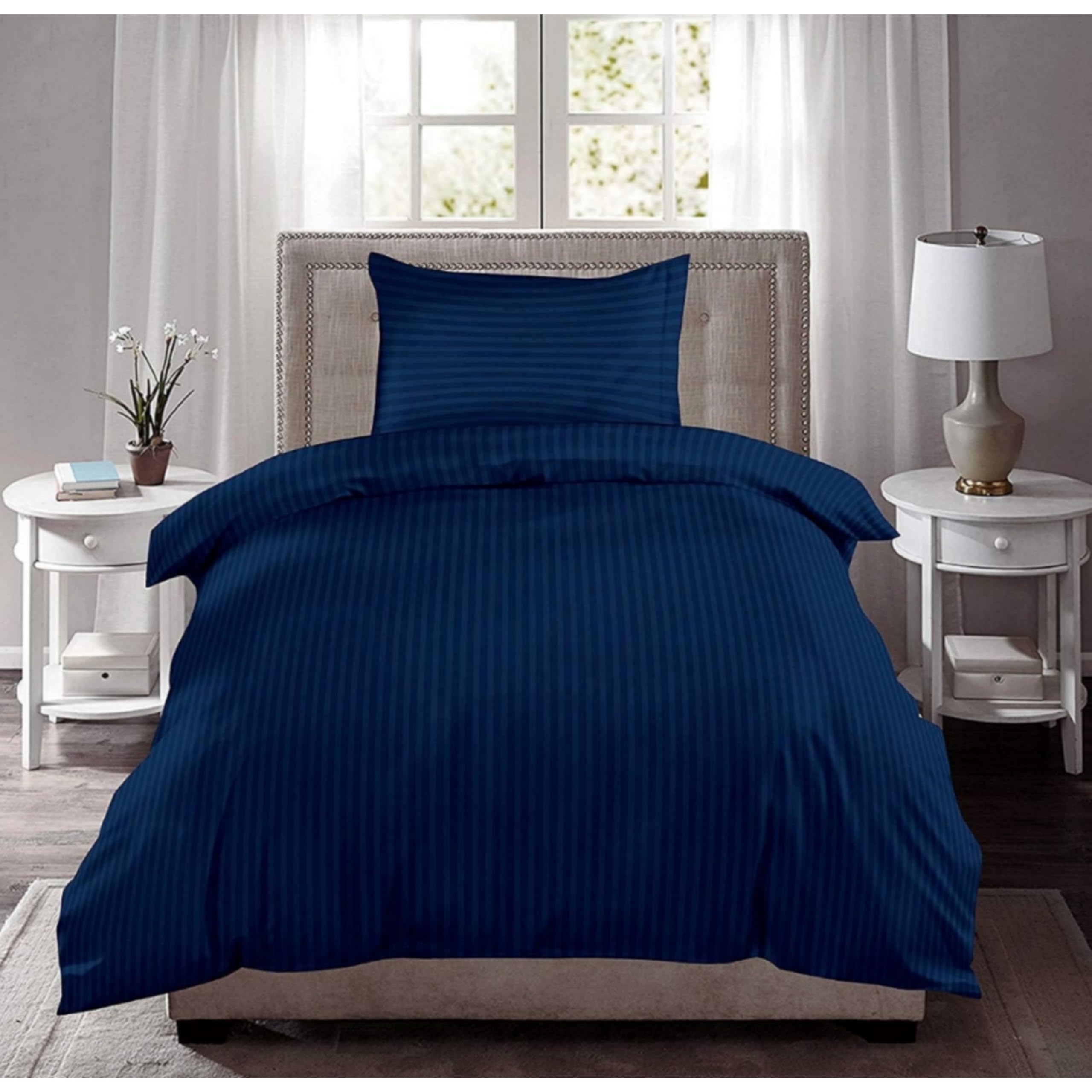 Aashiyana Sajona Stripped Cotton Duvet Cover/Razai Cover/Quilt Cover for Single Bed Size with Zipper (Dohar) 90x60 inch- Neavy Blue Colour (Single Dohar 625)-image-1