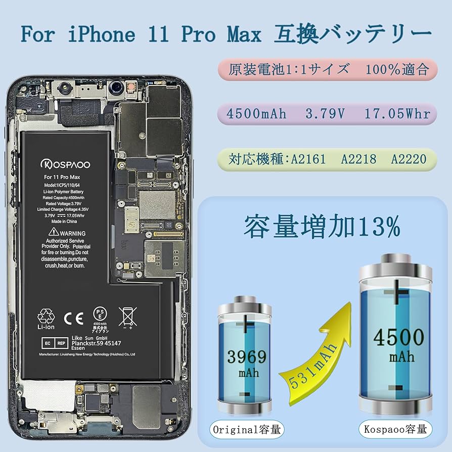 Amazon | KOSPAOO for iPhone 11Pro Max バッテリー 互換 大容量