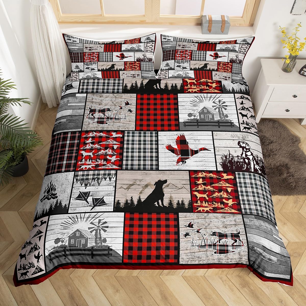 Feelyou Duck Hunting Dog Duvet Cover Plaid Rustic Cabin Bedding Set Mallard Duck Comforter Cover for Boys Girls Geometric Checkered Camping Hunting Bed Set Twin Size with 1 Pillow Case (No Comforter)