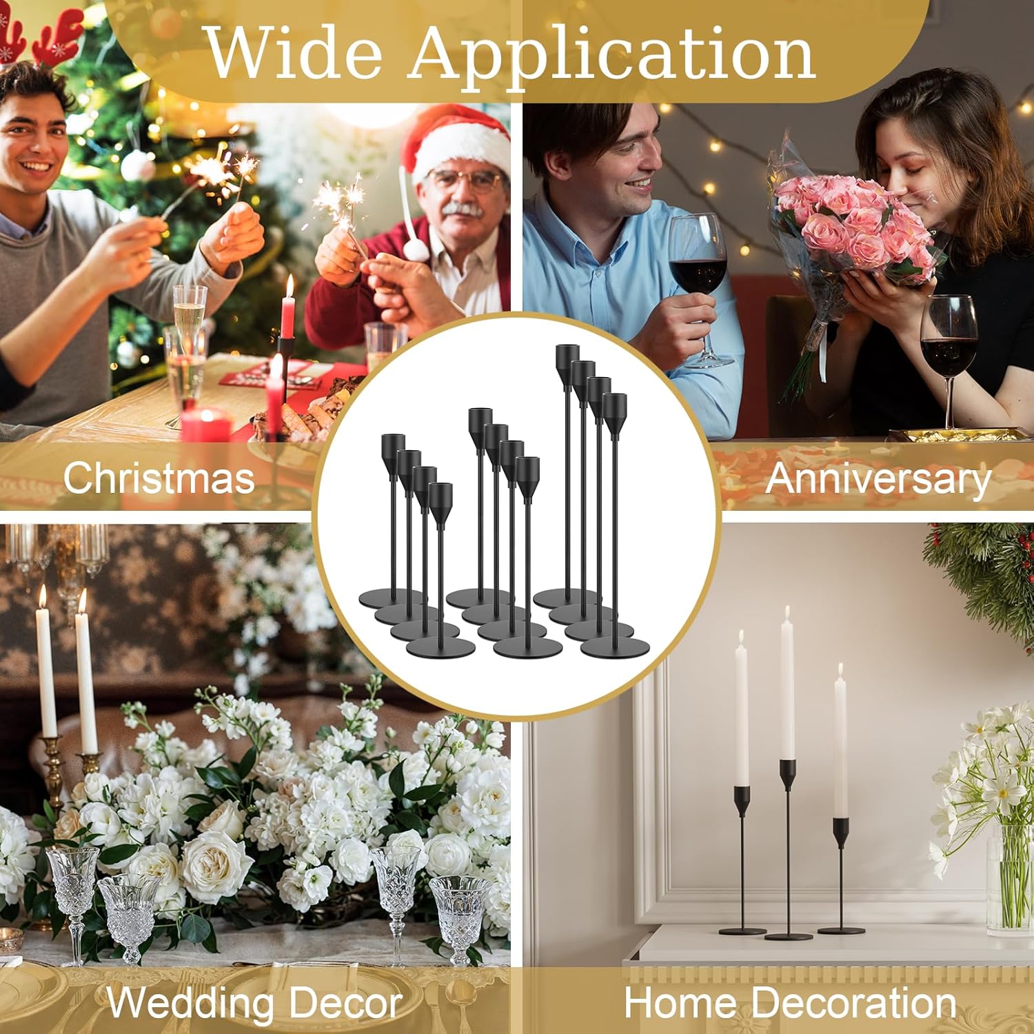 NLBTW Black Taper Candle Holders Set of 12 Candlestick Holders Bulk, Metal Candle Stick Holder Decor for Wedding, Dinning, Xmas Party or Anniversary, Fits 3/4 Inch Thick Candle